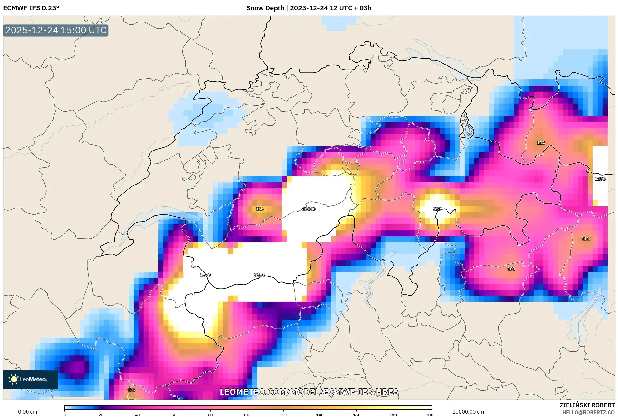 ECMWF IFS 0.25° model - Switzerland, Snow Depth