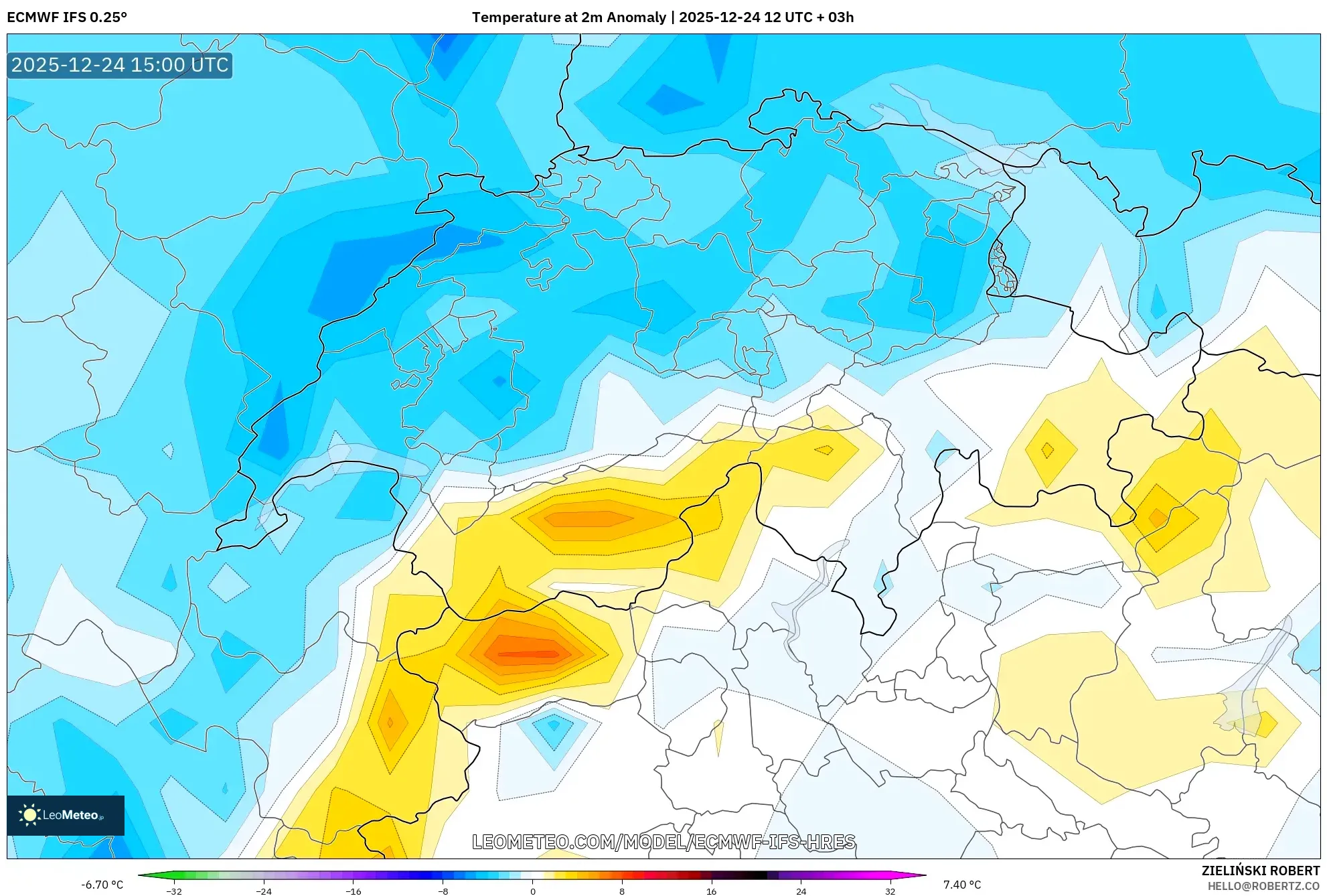 ECMWF IFS 0.25° model - Switzerland, Temperature at 2m Anomaly