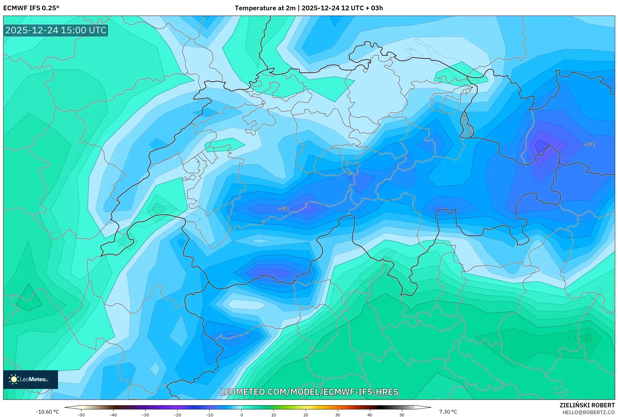 ECMWF IFS 0.25° model - Switzerland, Temperature at 2m