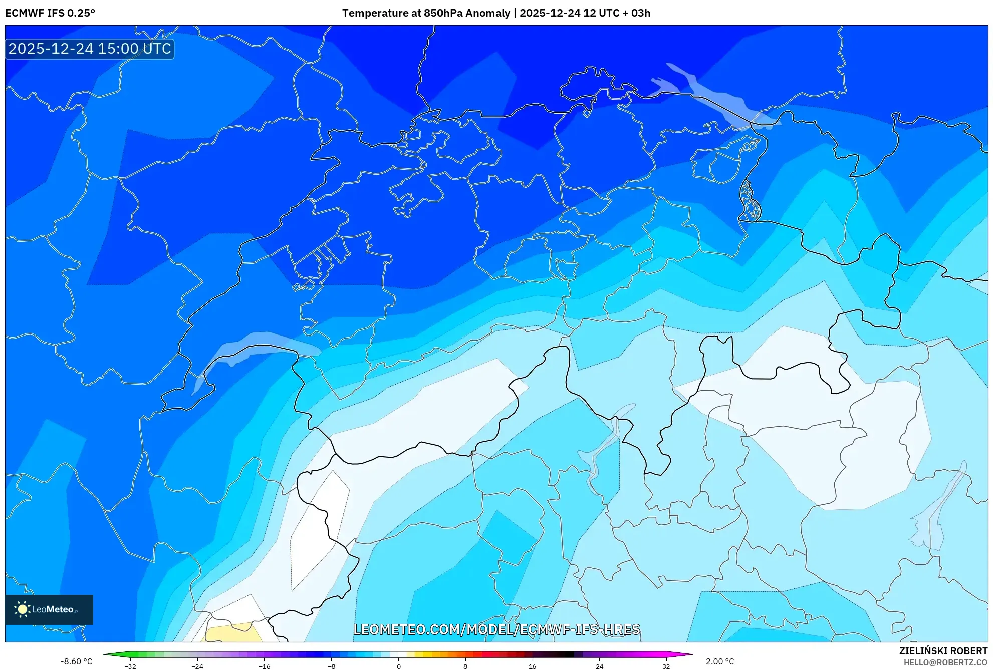 ECMWF IFS 0.25° model - Switzerland, Temperature at 850hPa Anomaly