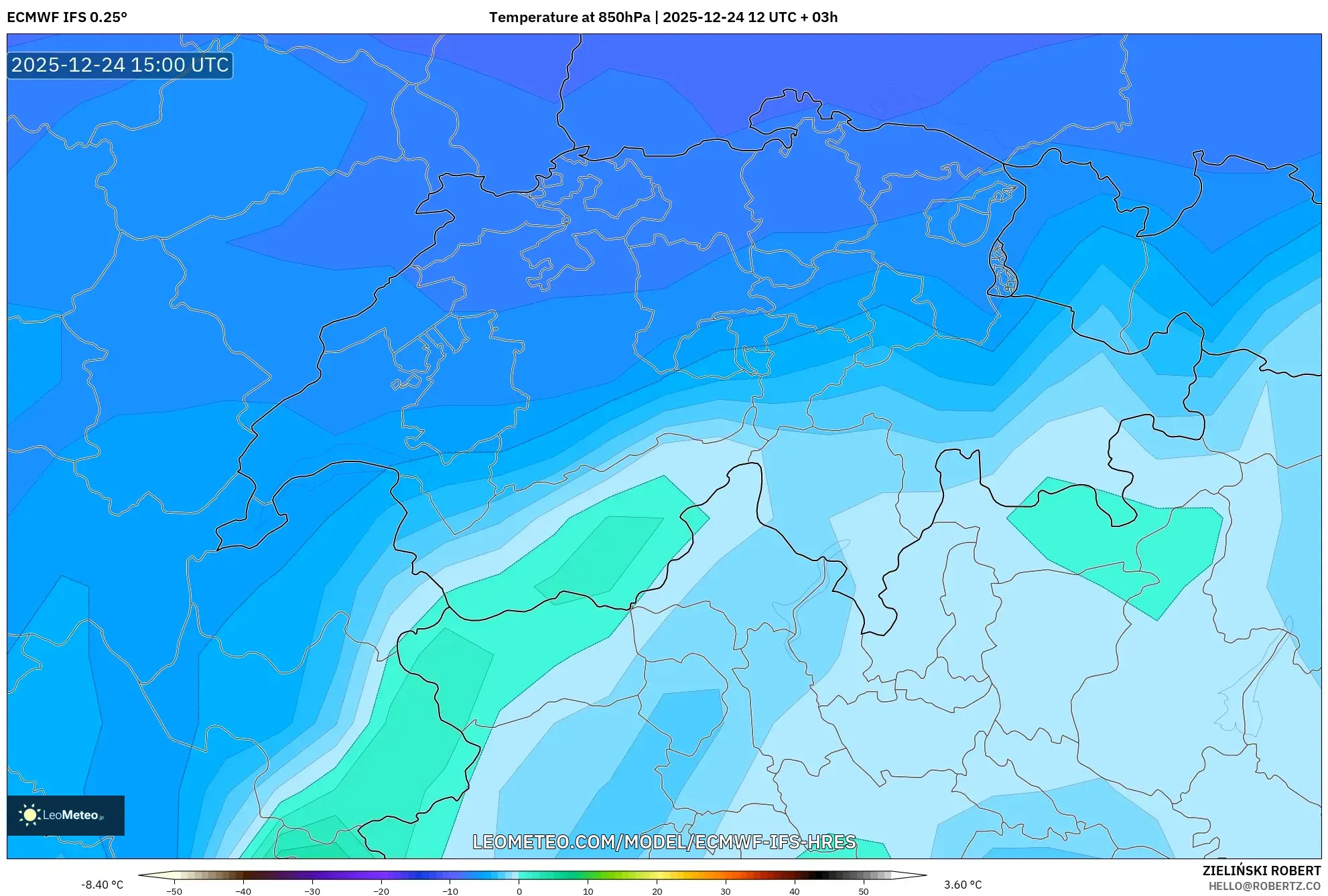 ECMWF IFS 0.25° model - Switzerland, Temperature at 850hPa