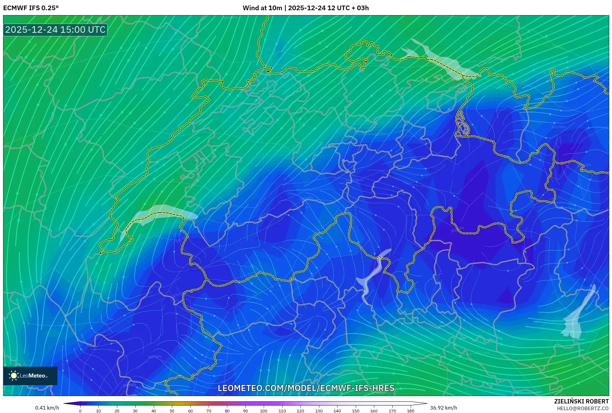 ECMWF IFS 0.25° model - Switzerland, Wind at 10m