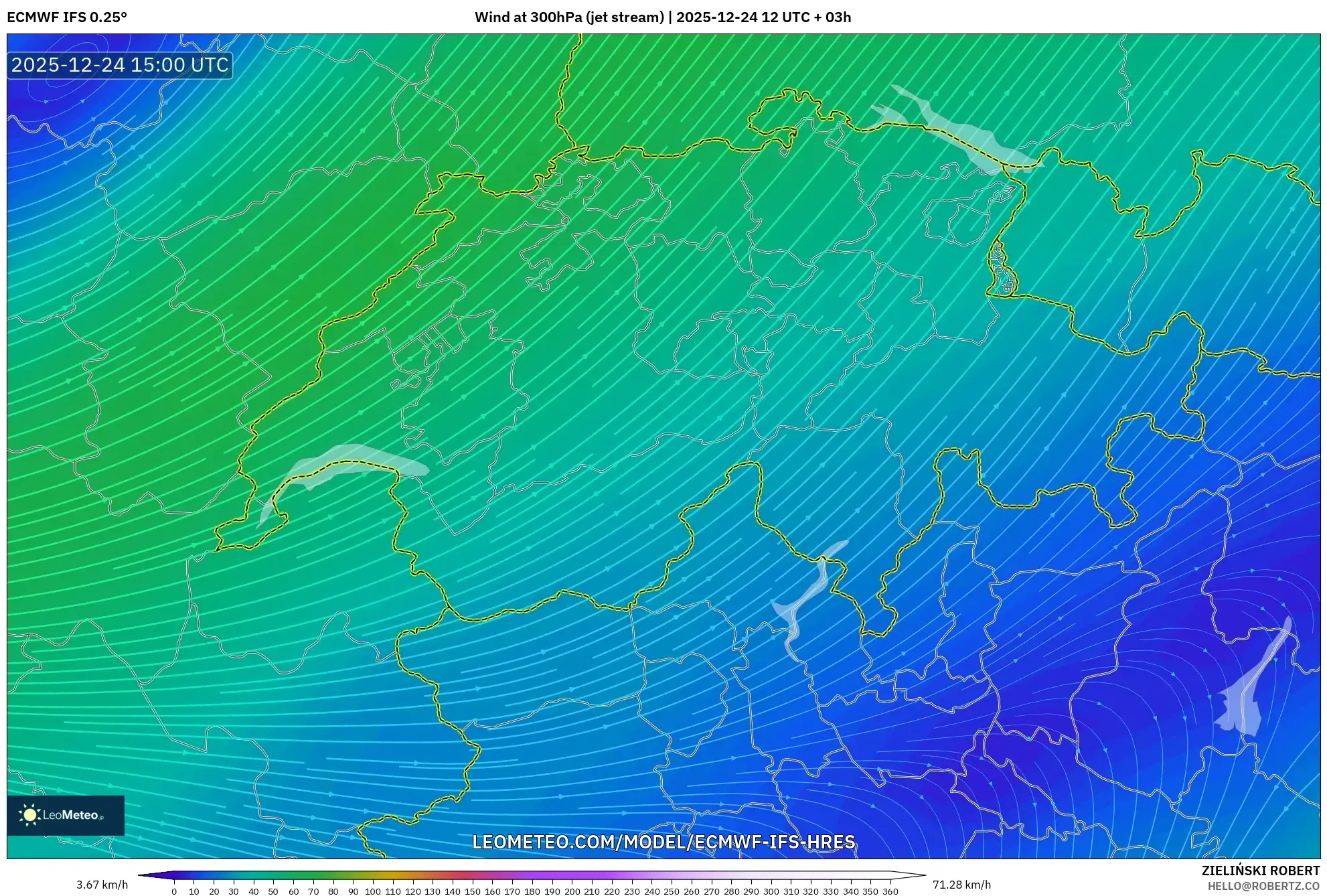 ECMWF IFS 0.25° model - Switzerland, Wind at 300hPa (jet stream)