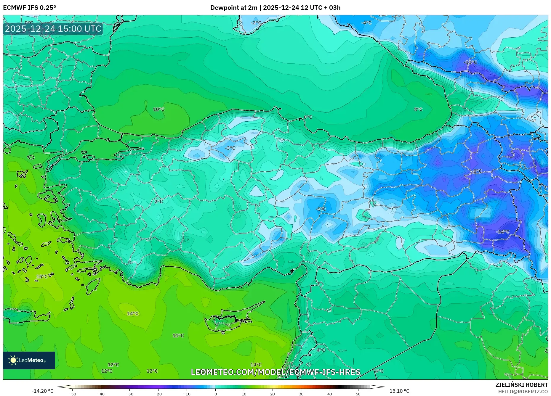 ECMWF IFS 0.25° model - Turkey, Dewpoint at 2m