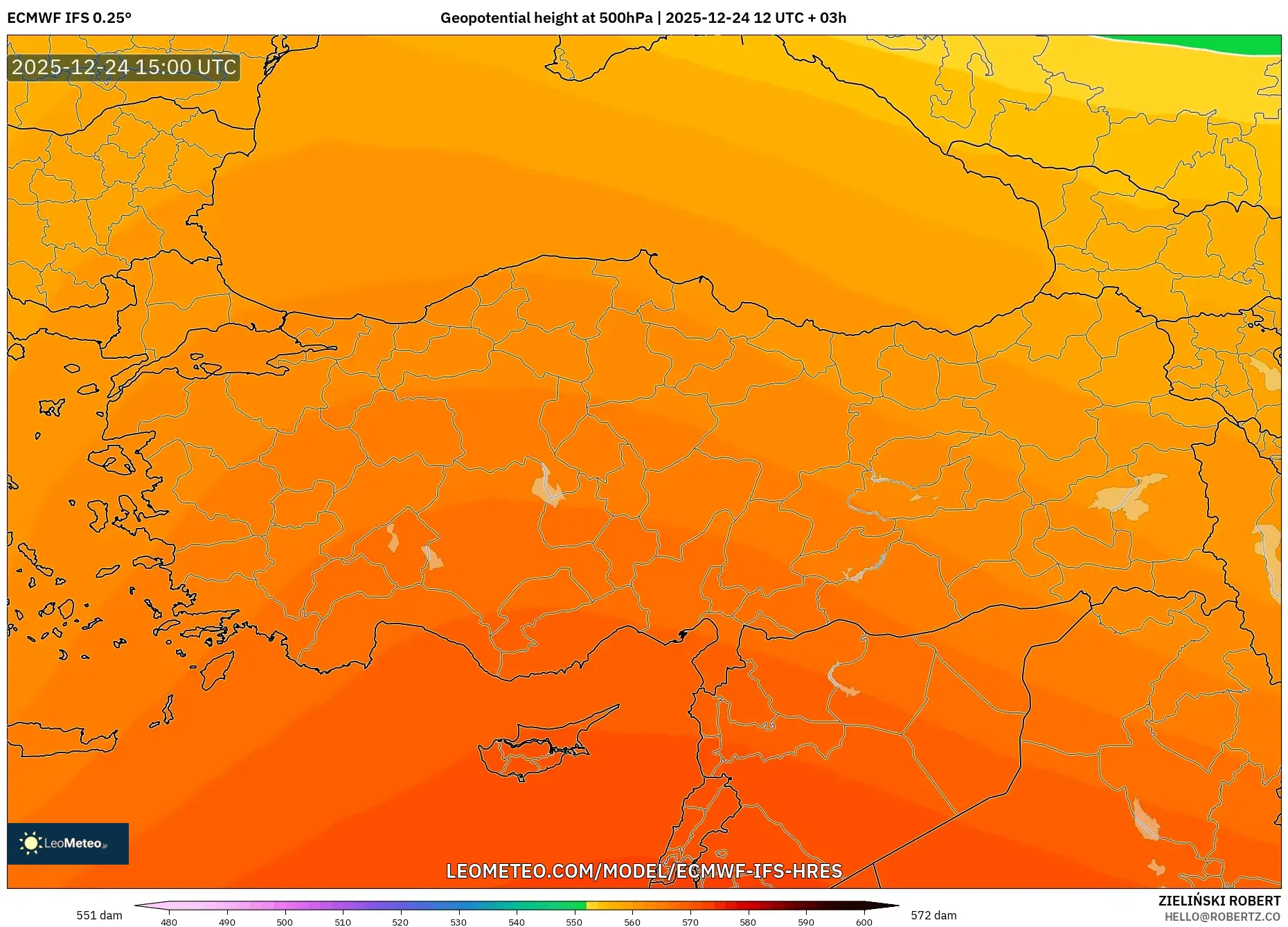 ECMWF IFS 0.25° model - Turkey, Geopotential height at 500hPa