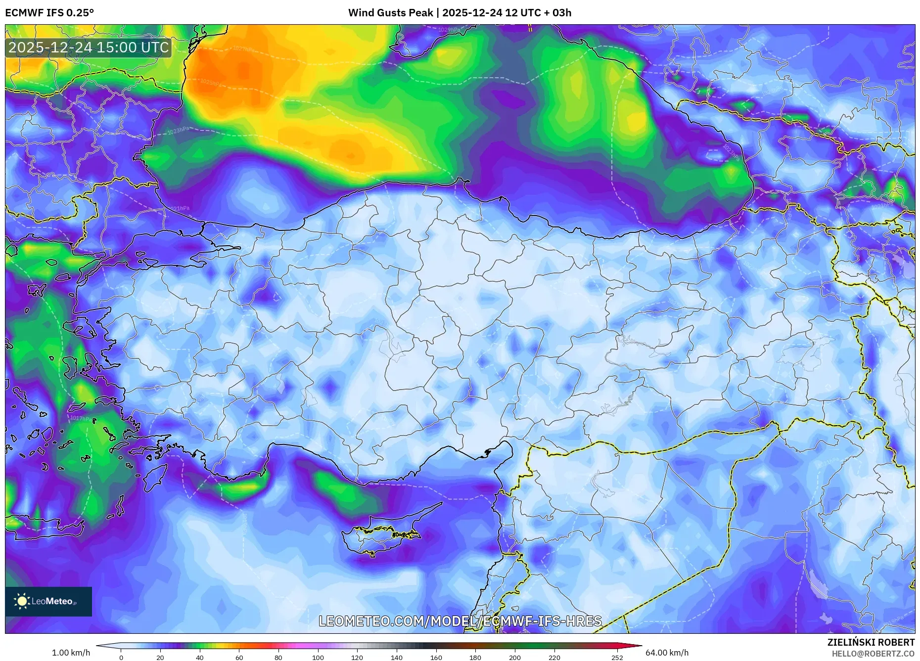 ECMWF IFS 0.25° model - Turkey, Wind Gusts Peak