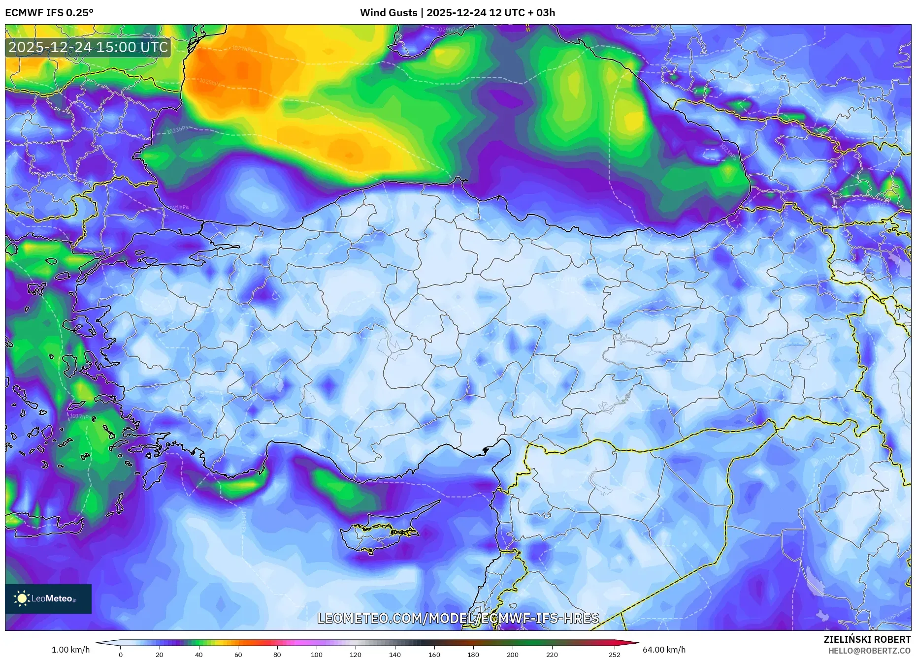 ECMWF IFS 0.25° model - Turkey, Wind Gusts