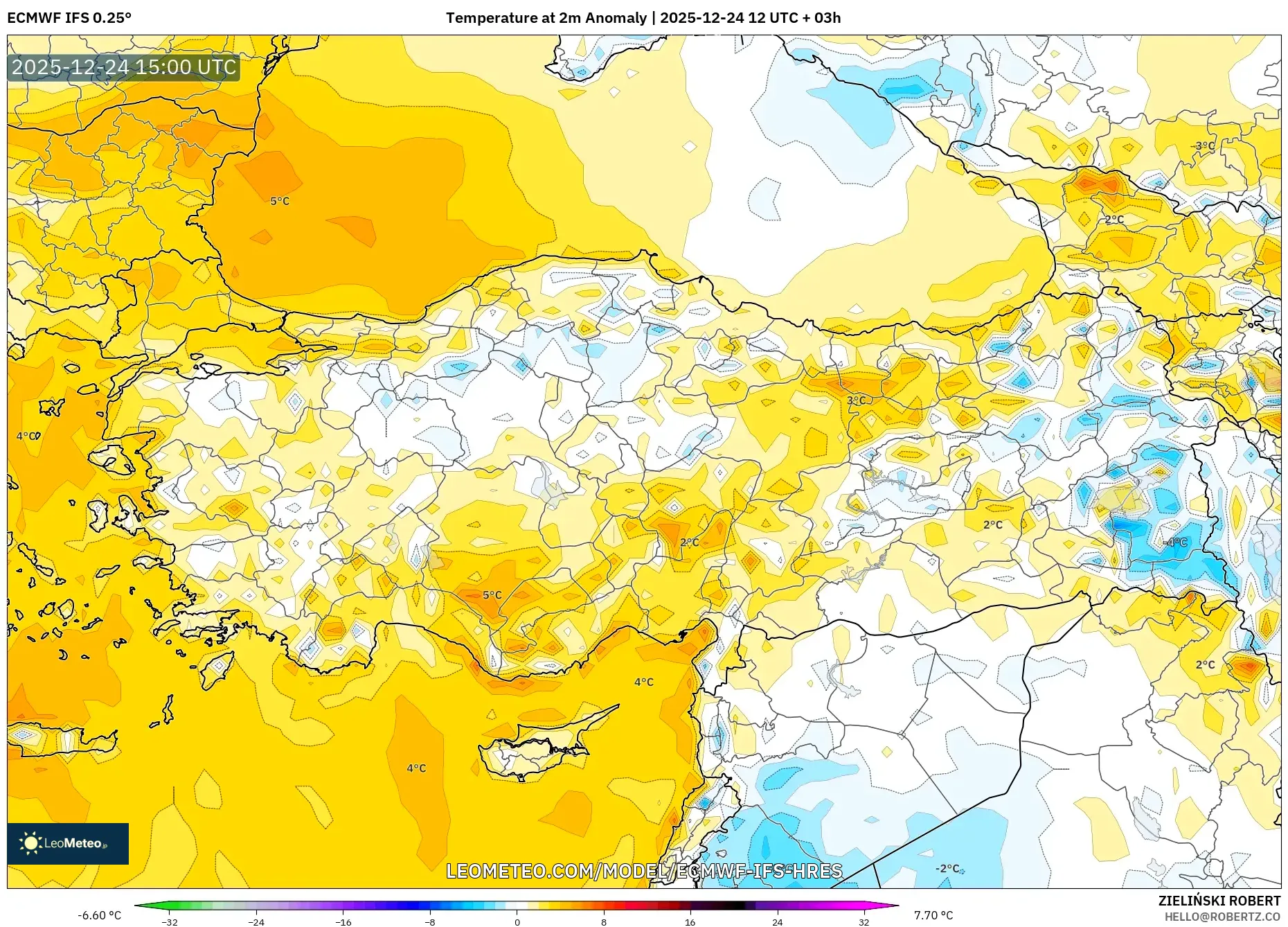 ECMWF IFS 0.25° model - Turkey, Temperature at 2m Anomaly