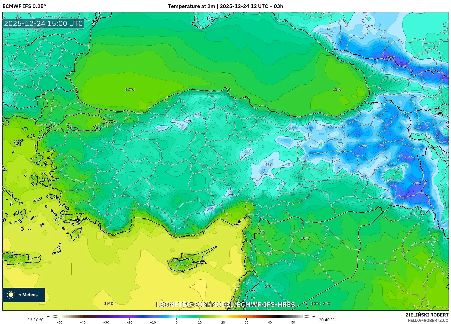 ECMWF IFS 0.25° model - Turkey, Temperature at 2m