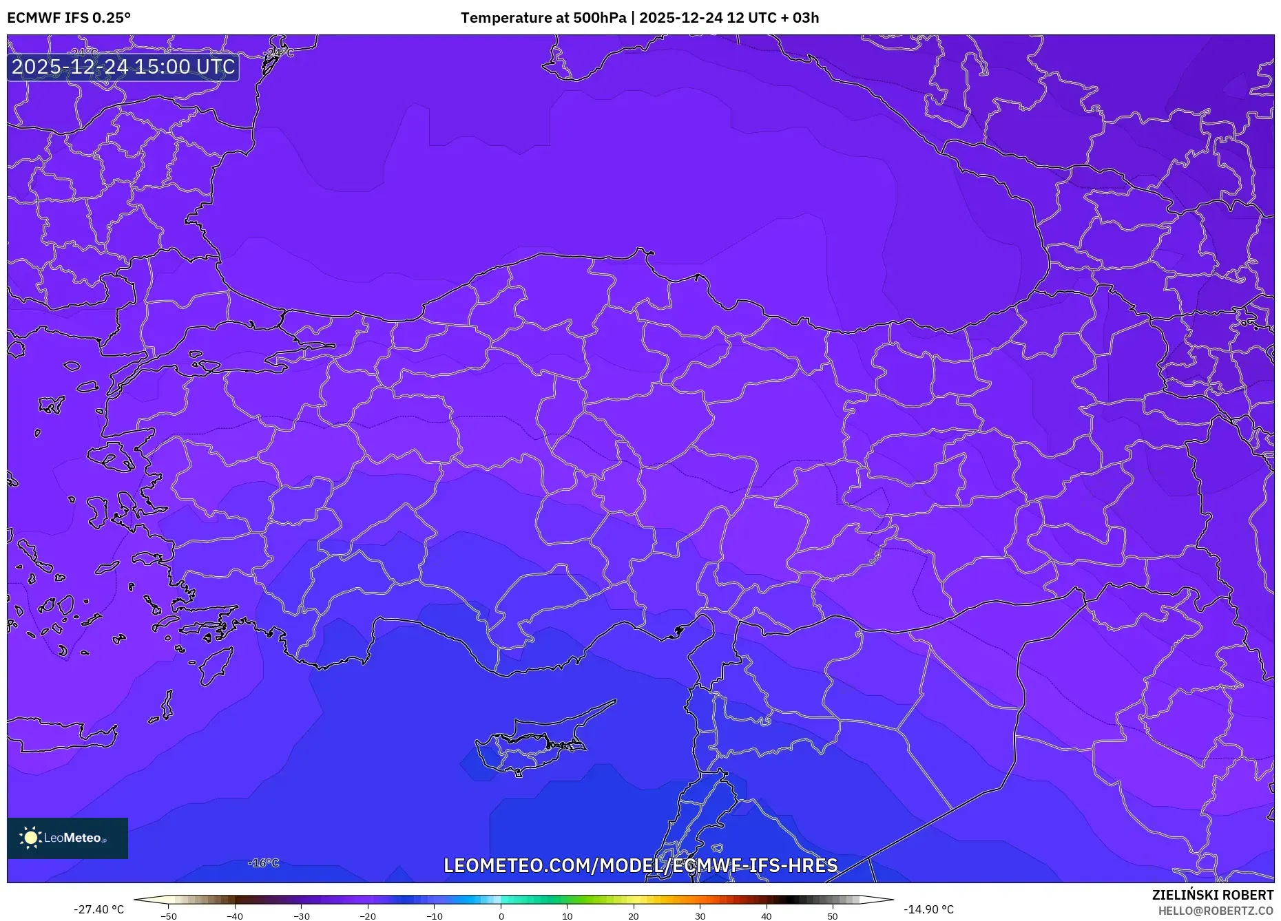 ECMWF IFS 0.25° model - Turkey, Temperature at 500hPa