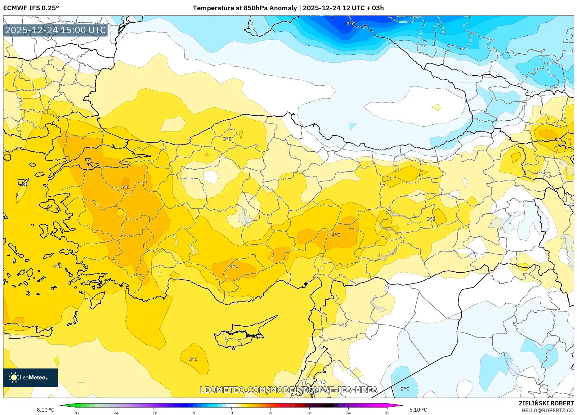 ECMWF IFS 0.25° model - Turkey, Temperature at 850hPa Anomaly