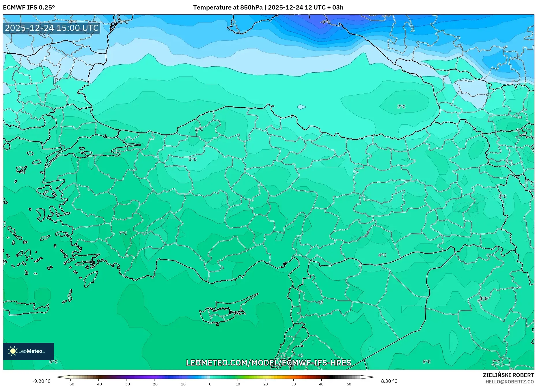 ECMWF IFS 0.25° model - Turkey, Temperature at 850hPa
