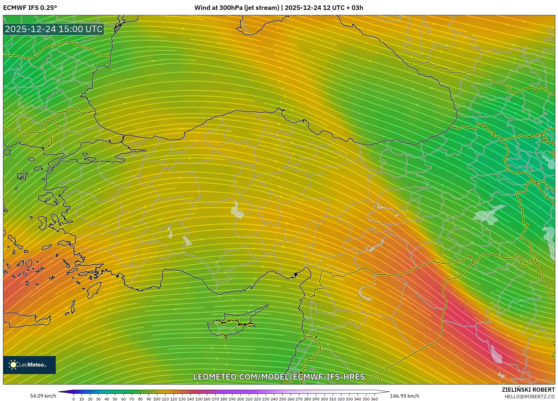 ECMWF IFS 0.25° model - Turkey, Wind at 300hPa (jet stream)