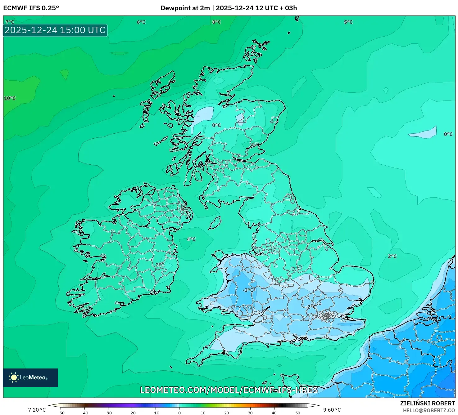 ECMWF IFS 0.25° model - United Kingdom, Dewpoint at 2m