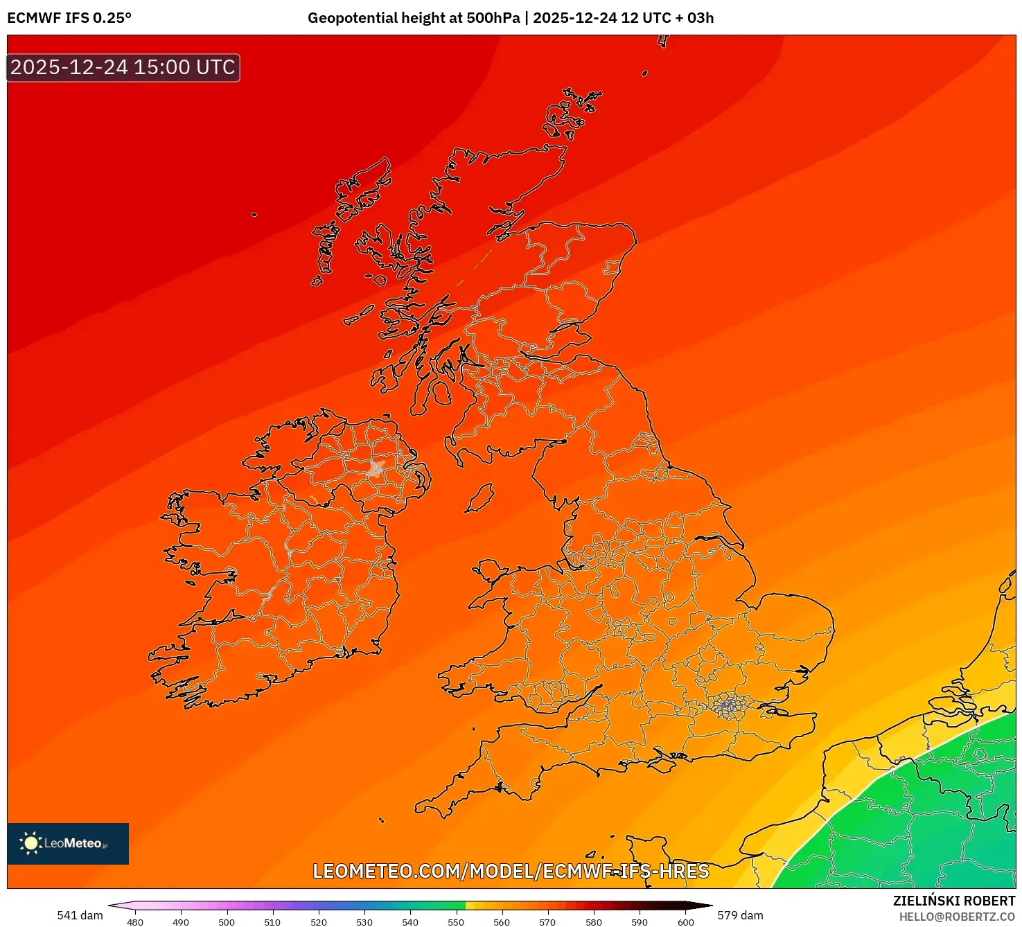 ECMWF IFS 0.25° model - United Kingdom, Geopotential height at 500hPa