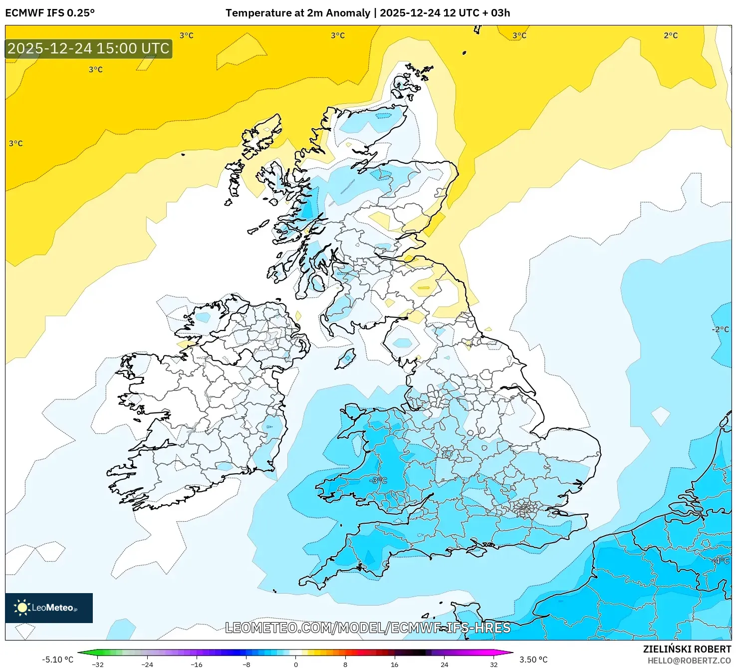 ECMWF IFS 0.25° model - United Kingdom, Temperature at 2m Anomaly