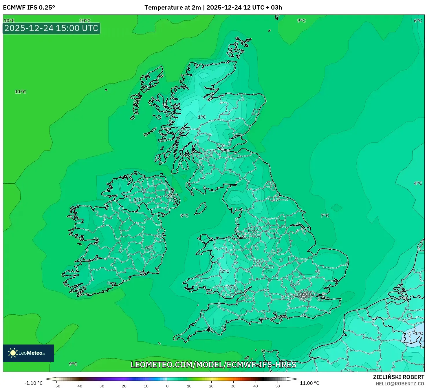 ECMWF IFS 0.25° model - United Kingdom, Temperature at 2m