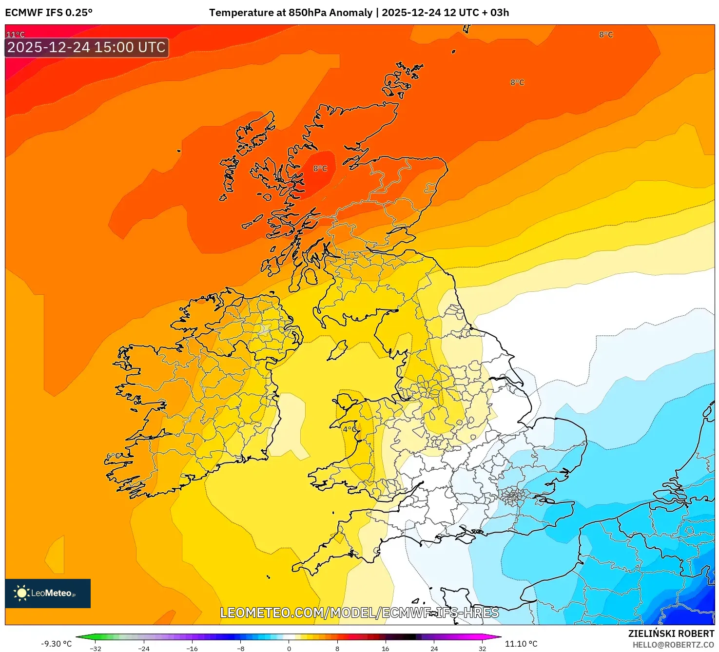 ECMWF IFS 0.25° model - United Kingdom, Temperature at 850hPa Anomaly