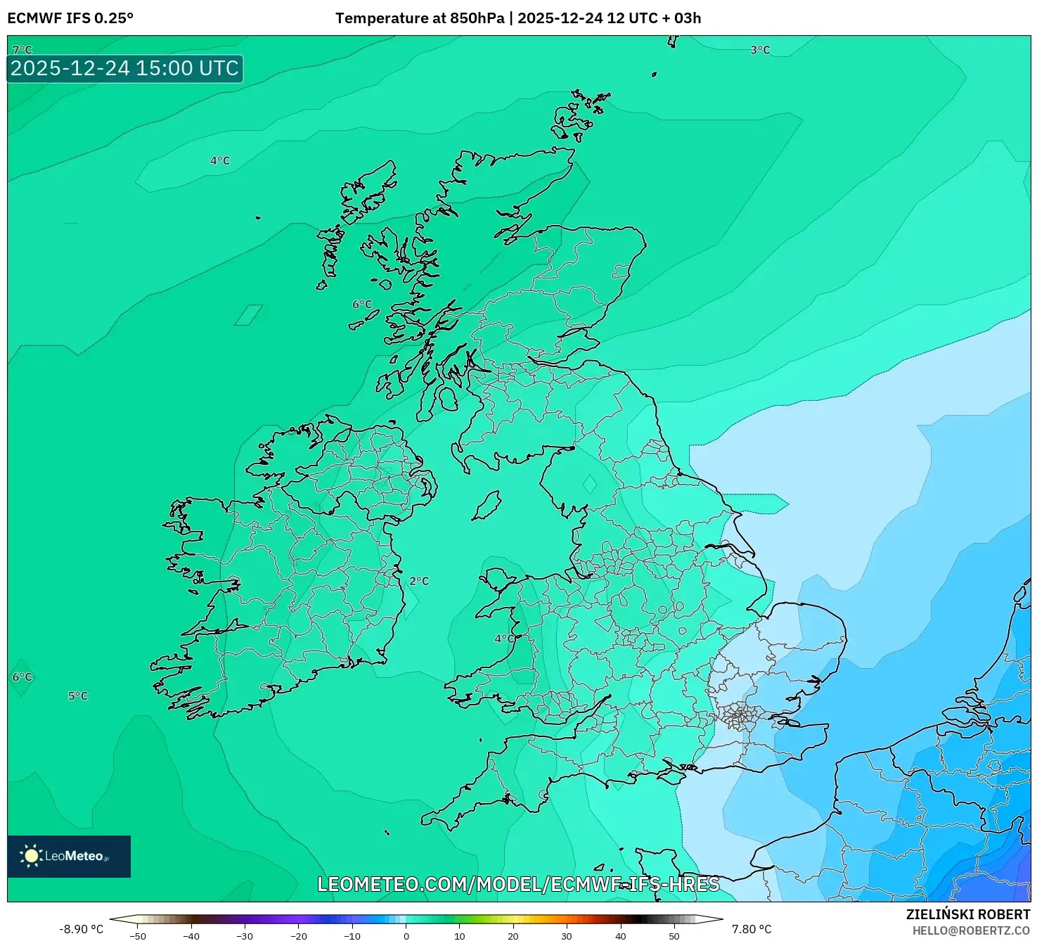ECMWF IFS 0.25° model - United Kingdom, Temperature at 850hPa