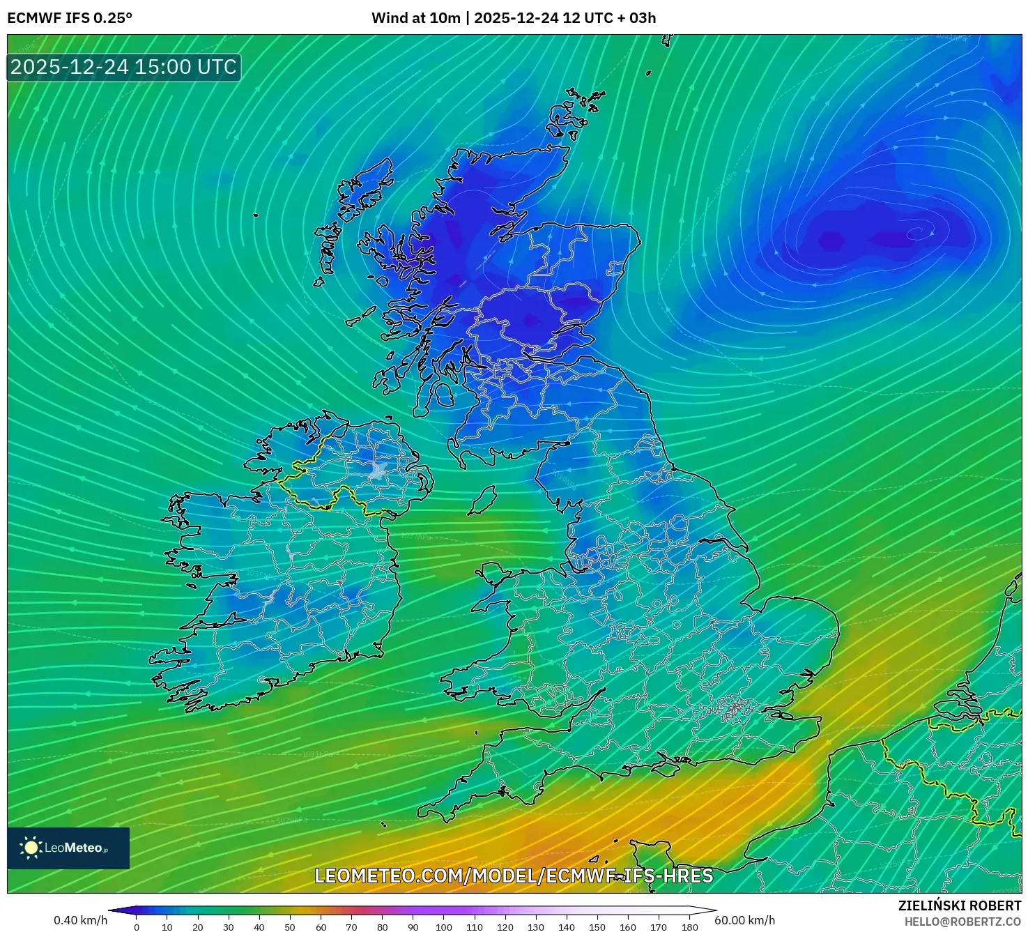 ECMWF IFS 0.25° model - United Kingdom, Wind at 10m