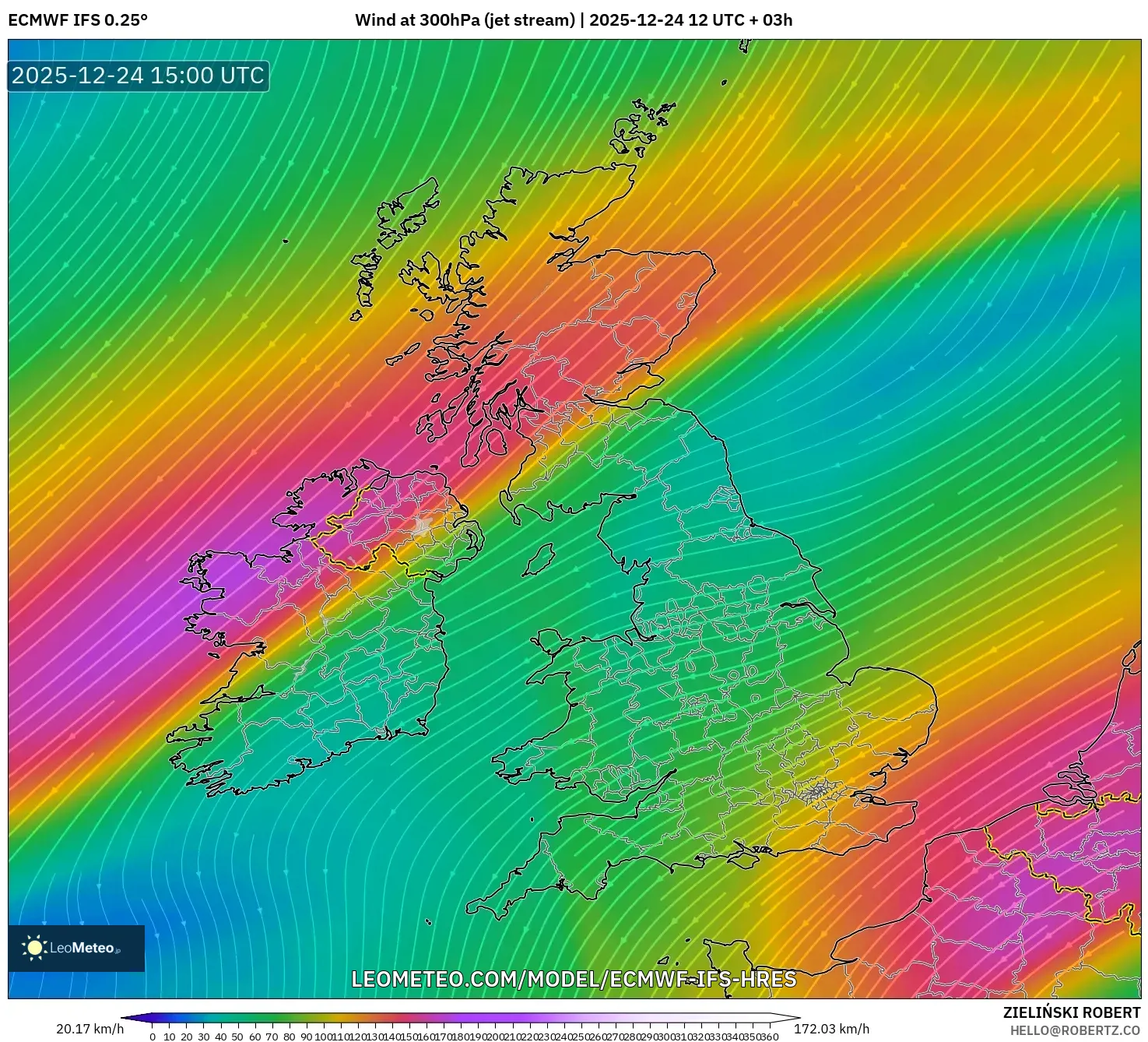 ECMWF IFS 0.25° model - United Kingdom, Wind at 300hPa (jet stream)