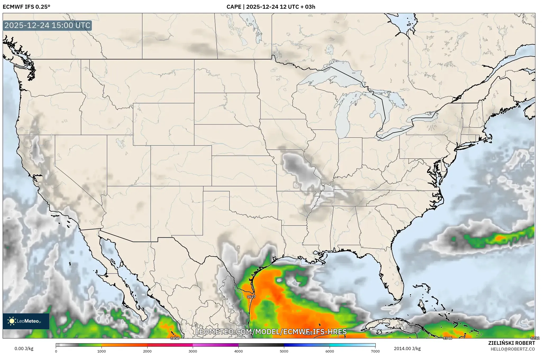 ECMWF IFS 0.25° model - United States, CAPE