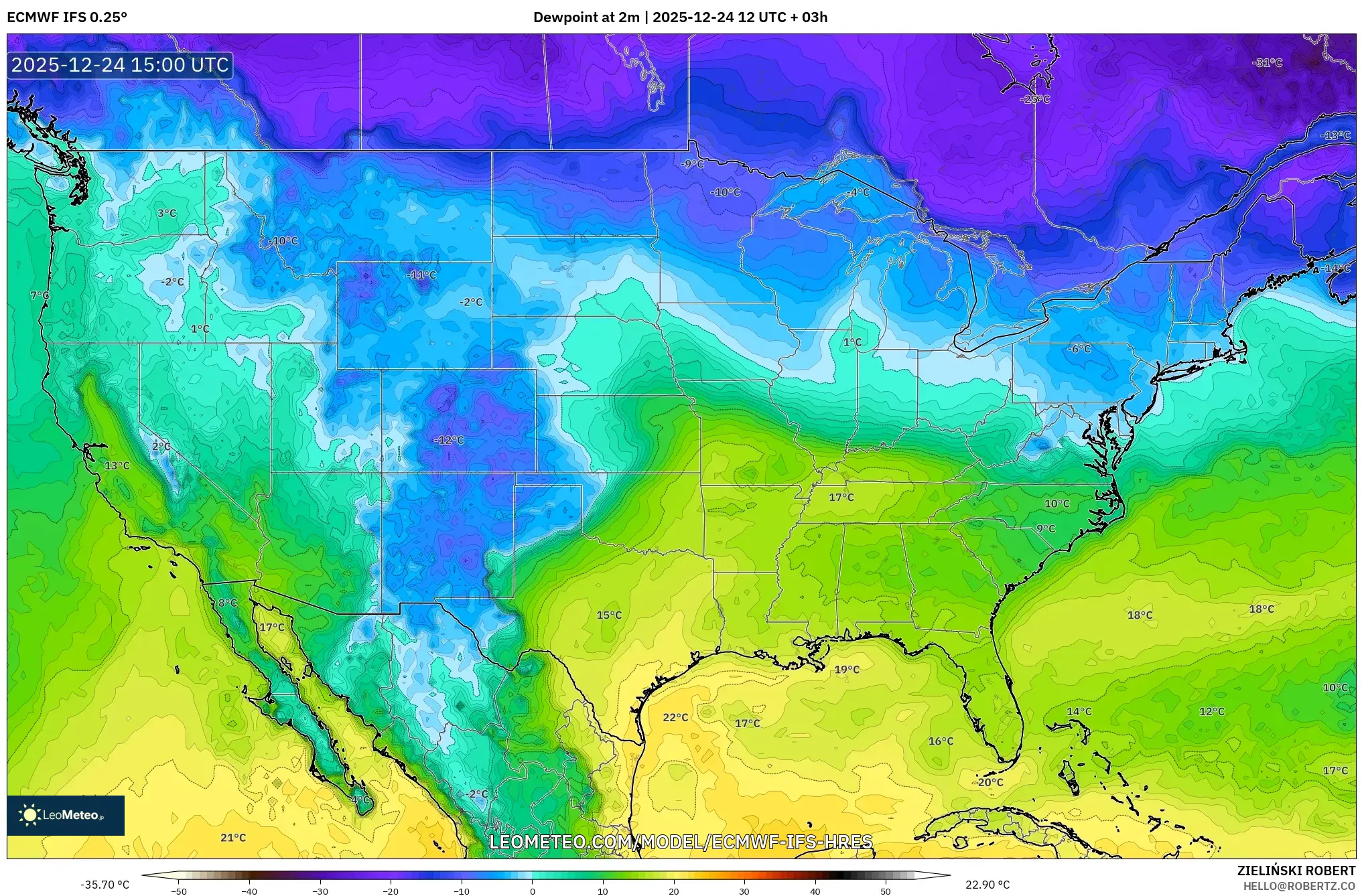 ECMWF IFS 0.25° model - United States, Dewpoint at 2m