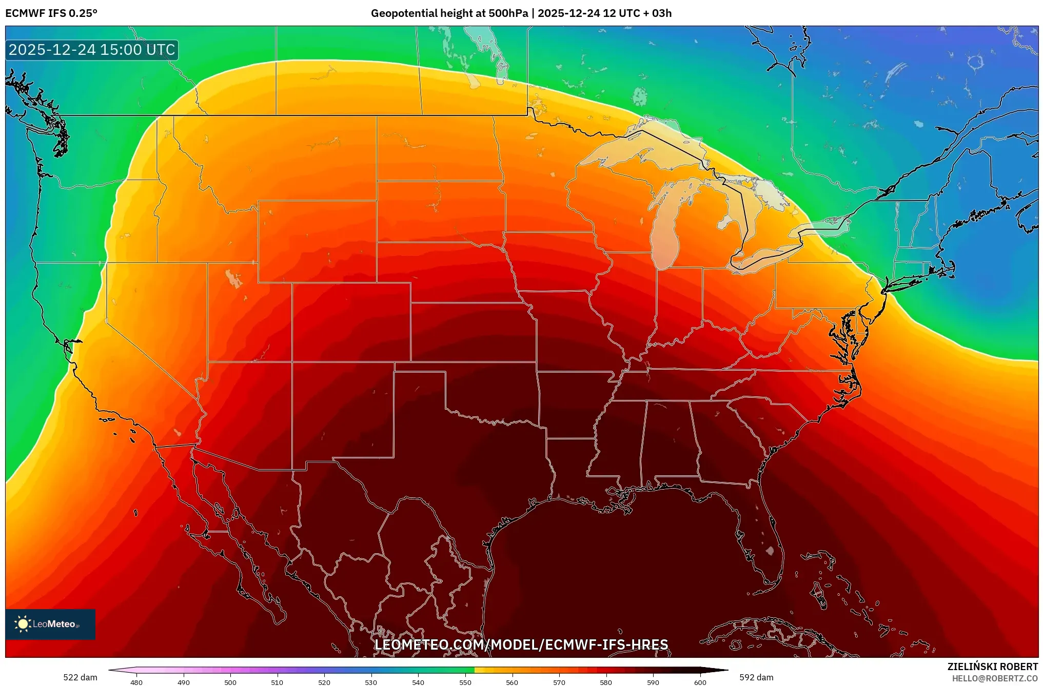 ECMWF IFS 0.25° model - United States, Geopotential height at 500hPa