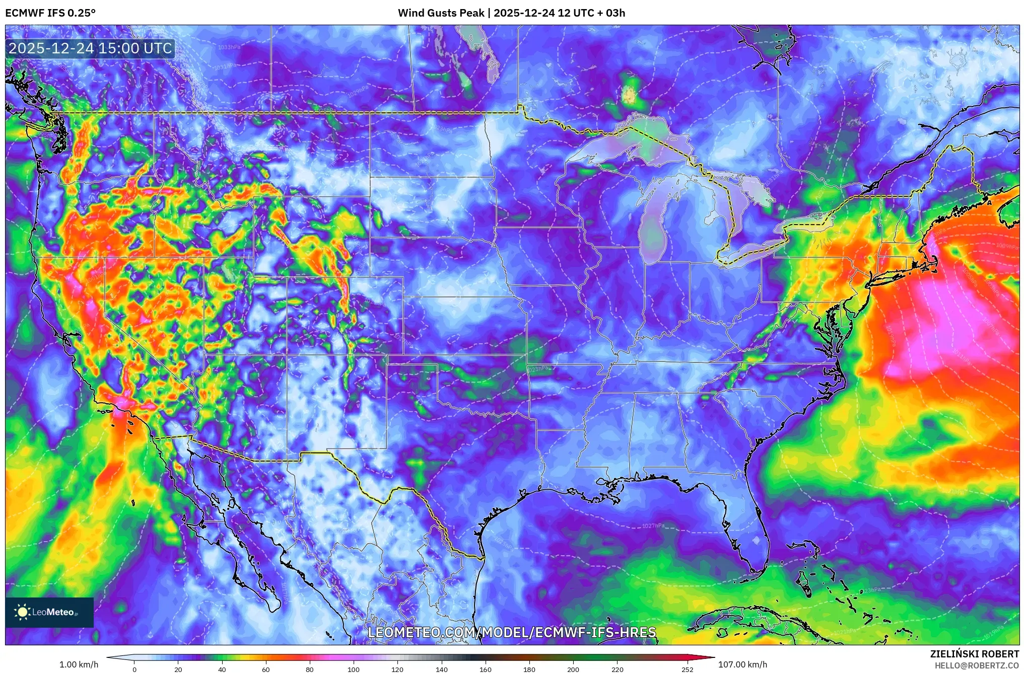 ECMWF IFS 0.25° model - United States, Wind Gusts Peak