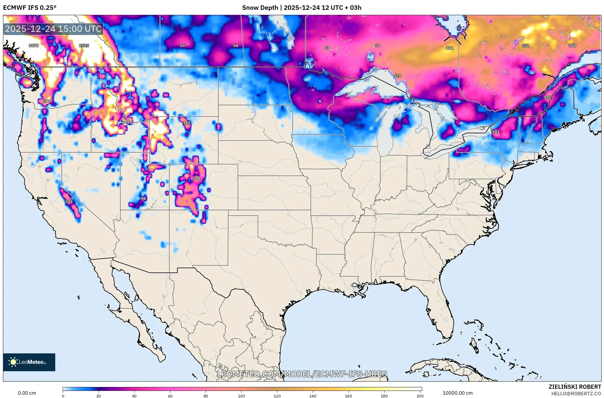 ECMWF IFS 0.25° model - United States, Snow Depth
