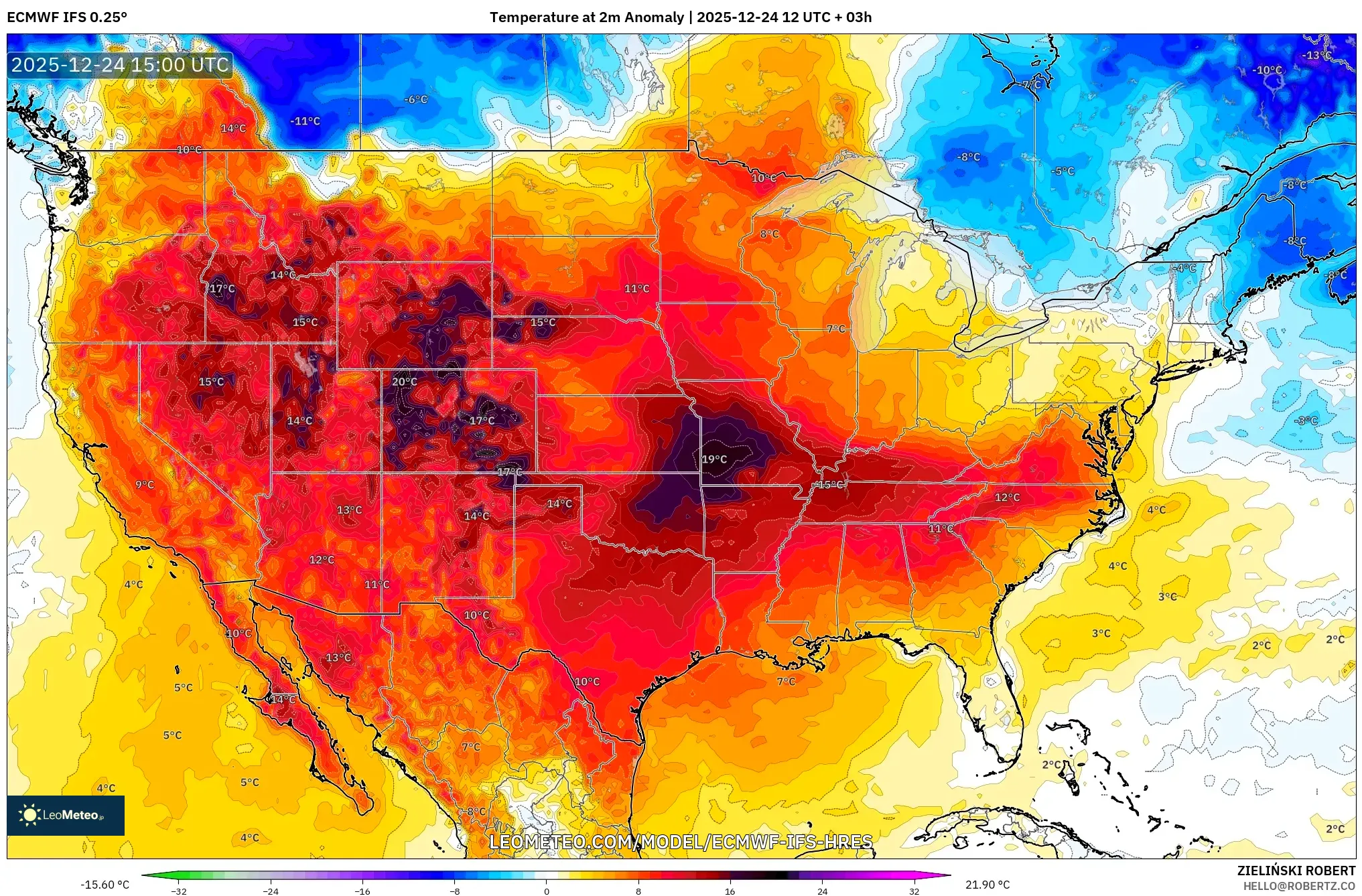 ECMWF IFS 0.25° model - United States, Temperature at 2m Anomaly