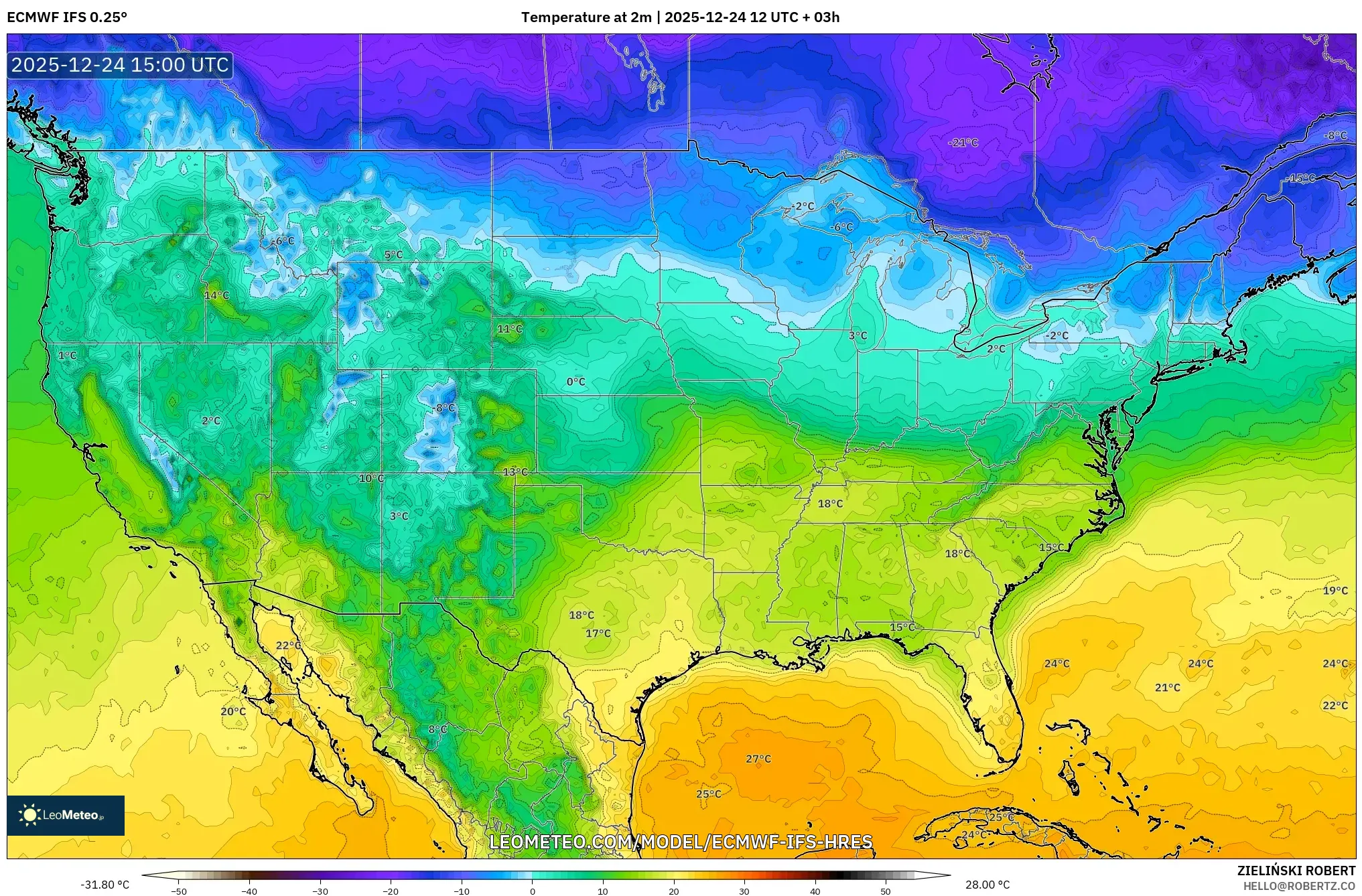 ECMWF IFS 0.25° model - United States, Temperature at 2m
