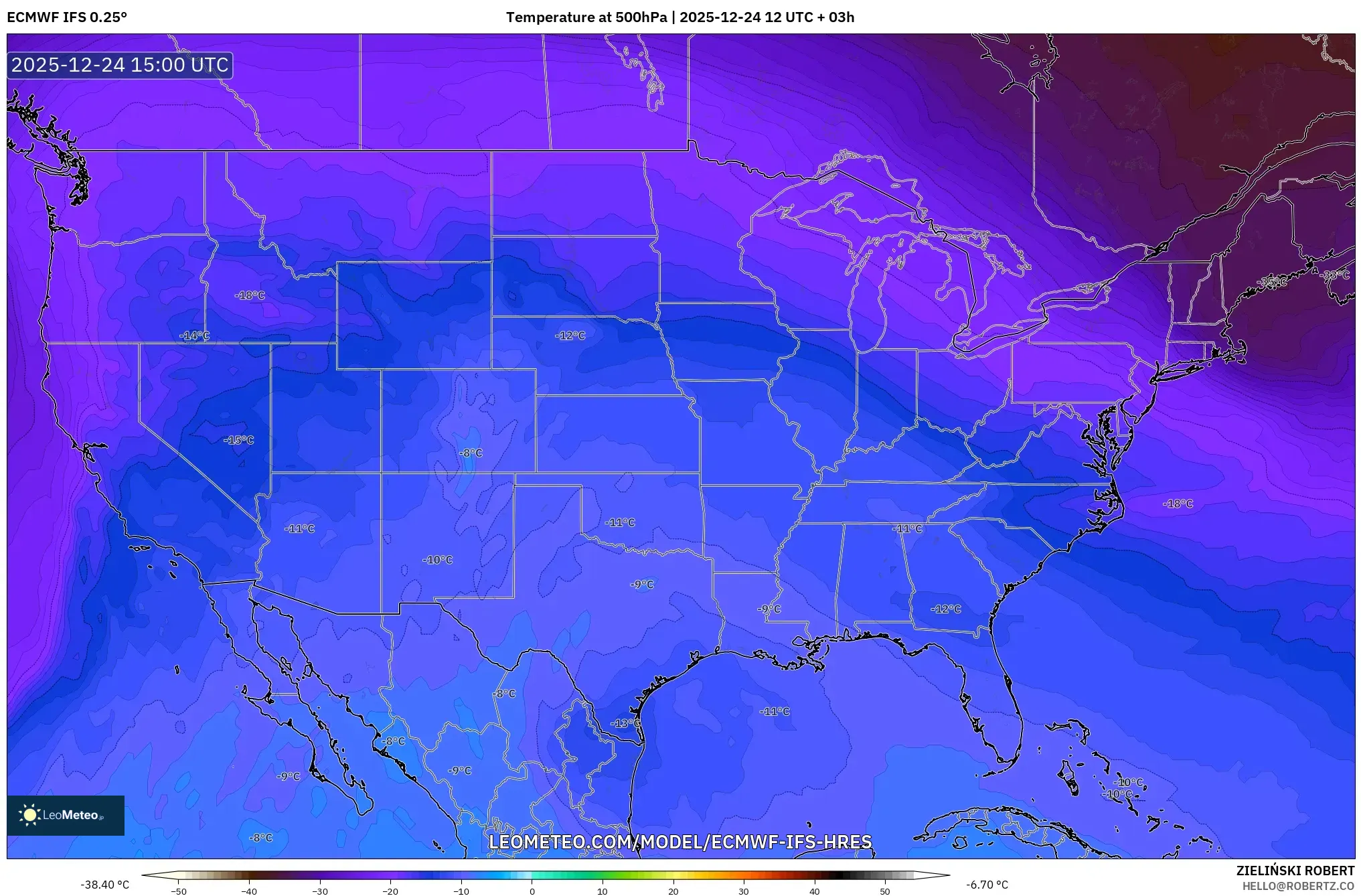 ECMWF IFS 0.25° model - United States, Temperature at 500hPa