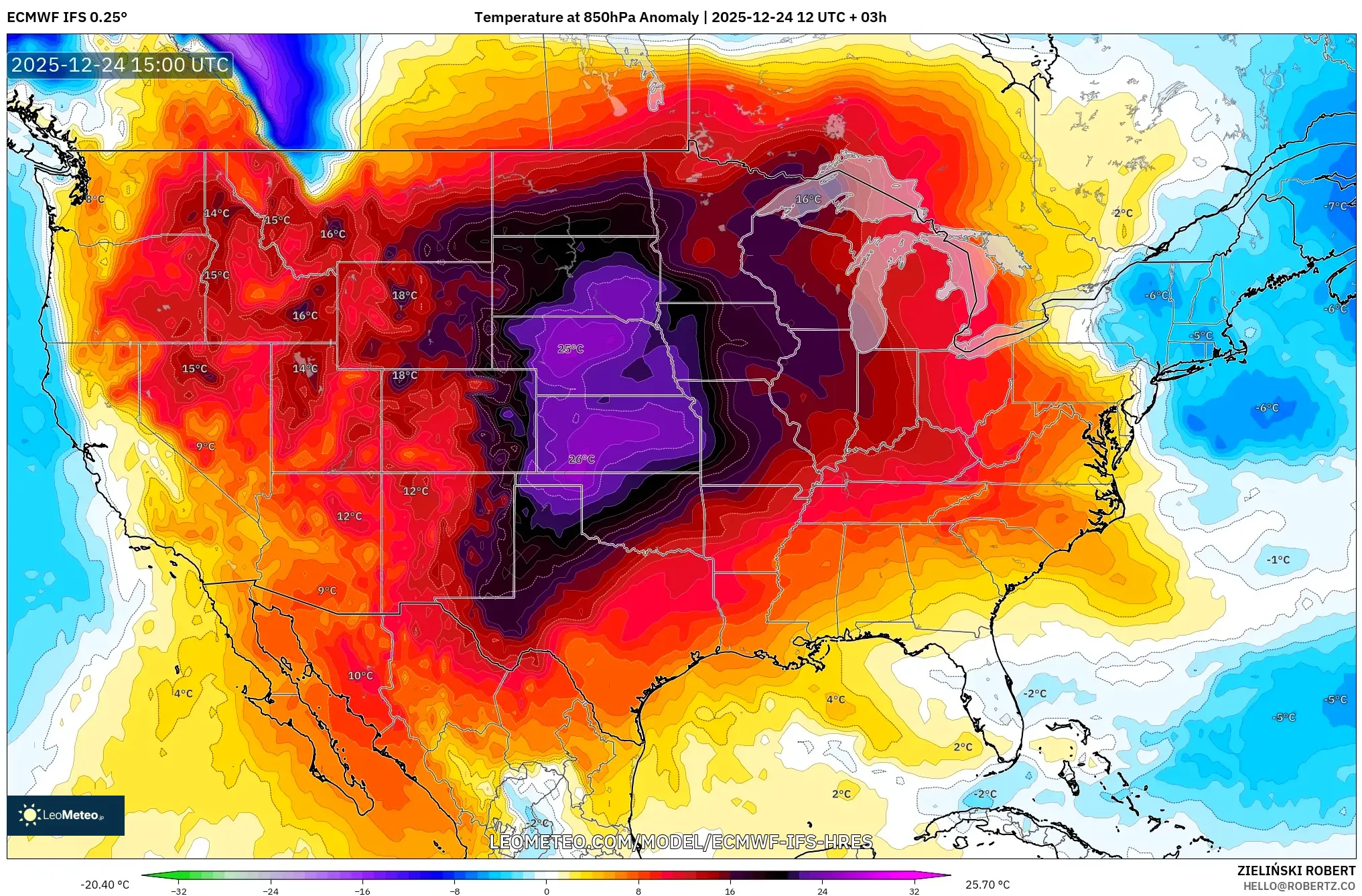 ECMWF IFS 0.25° model - United States, Temperature at 850hPa Anomaly