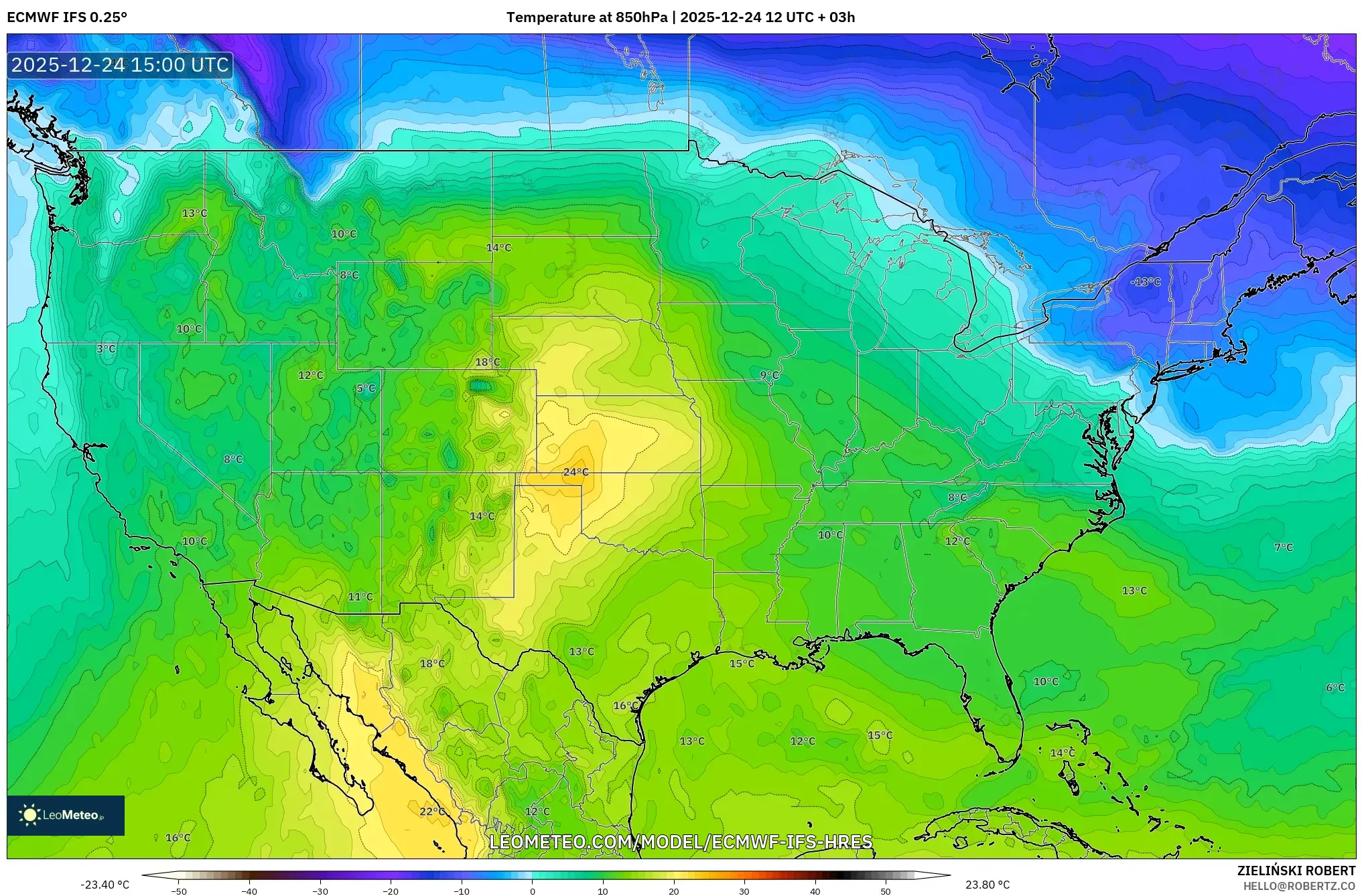 ECMWF IFS 0.25° model - United States, Temperature at 850hPa