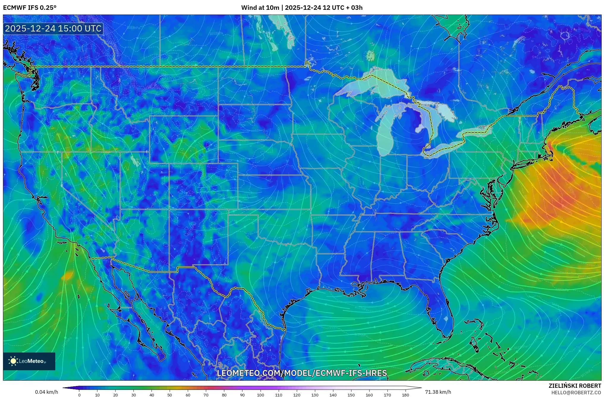 ECMWF IFS 0.25° model - United States, Wind at 10m