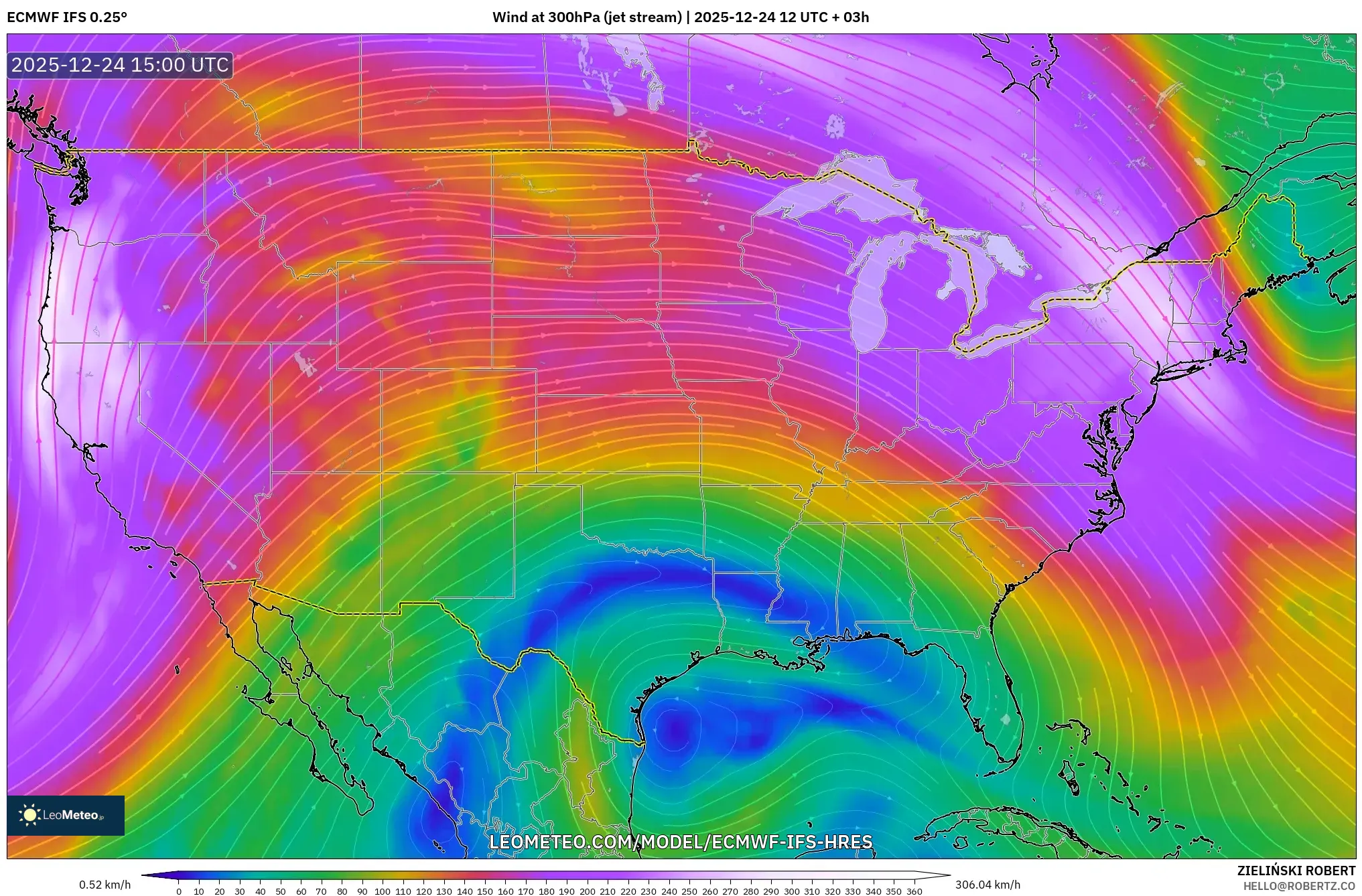 ECMWF IFS 0.25° model - United States, Wind at 300hPa (jet stream)