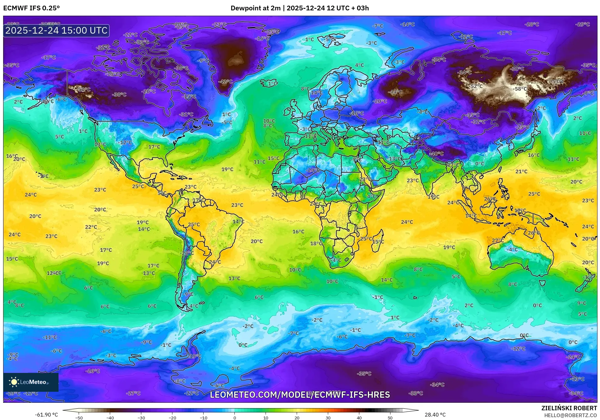 ECMWF IFS 0.25° model - World, Dewpoint at 2m