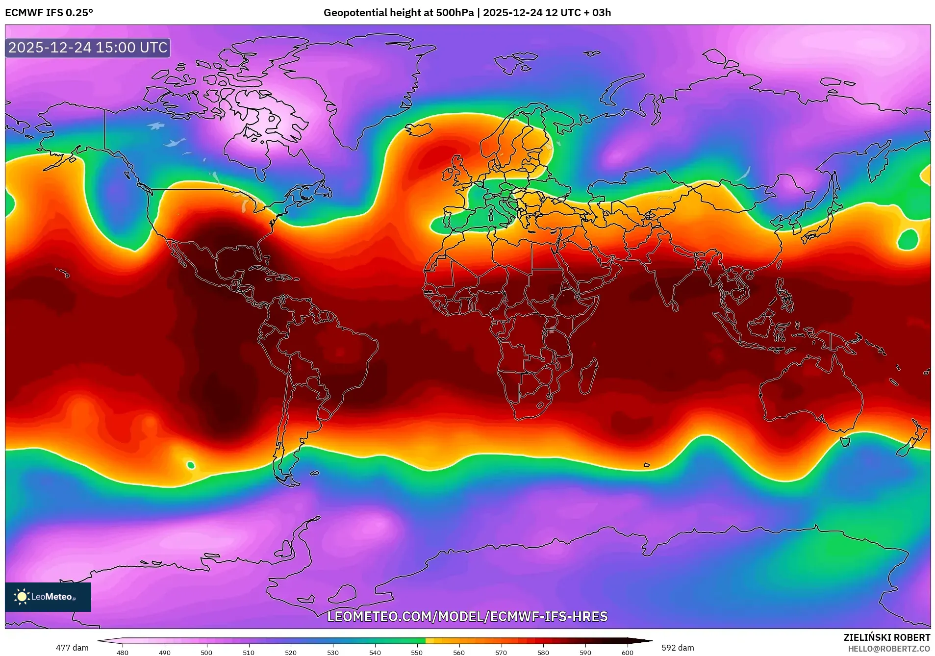 ECMWF IFS 0.25° model - World, Geopotential height at 500hPa