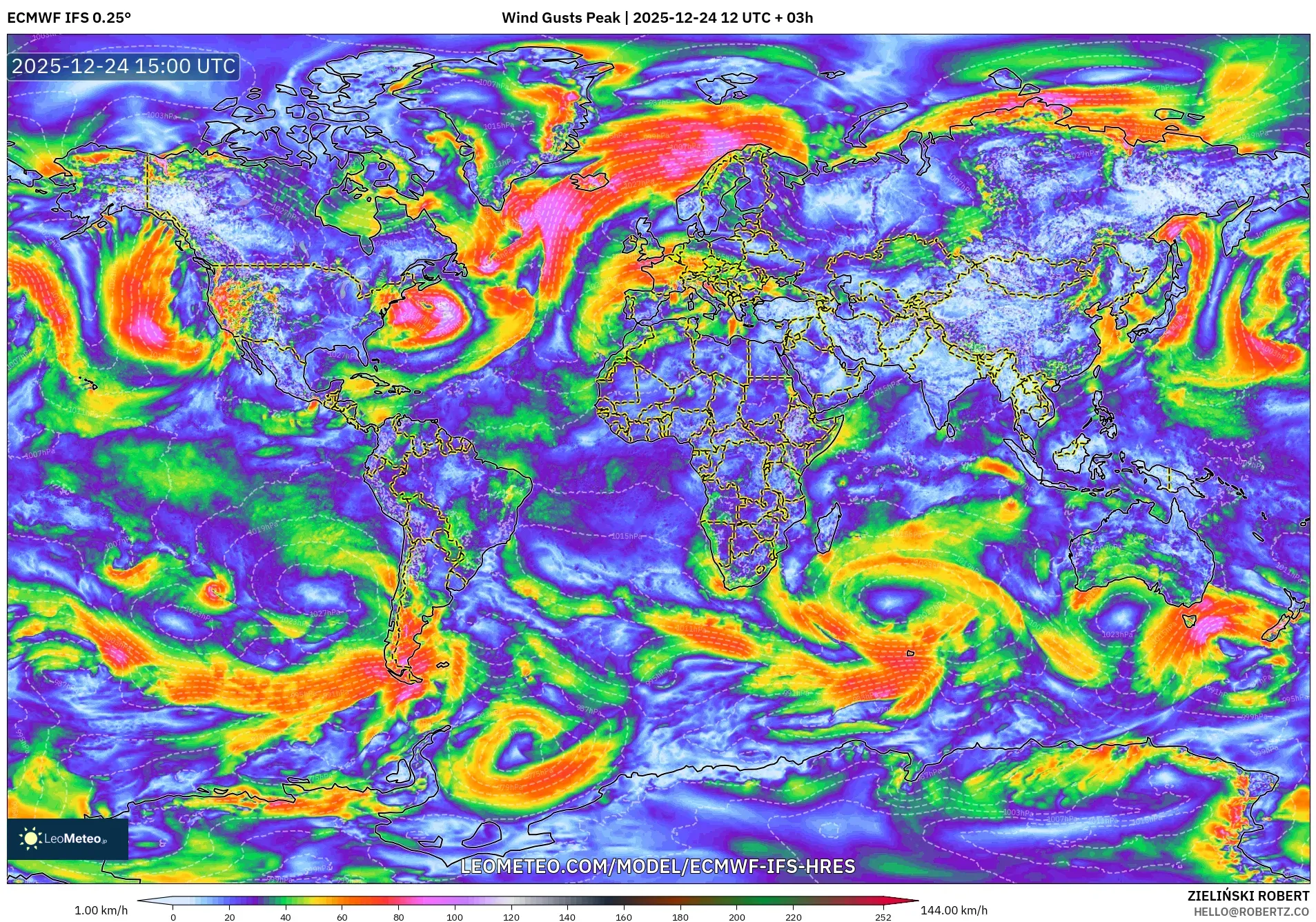 ECMWF IFS 0.25° model - World, Wind Gusts Peak