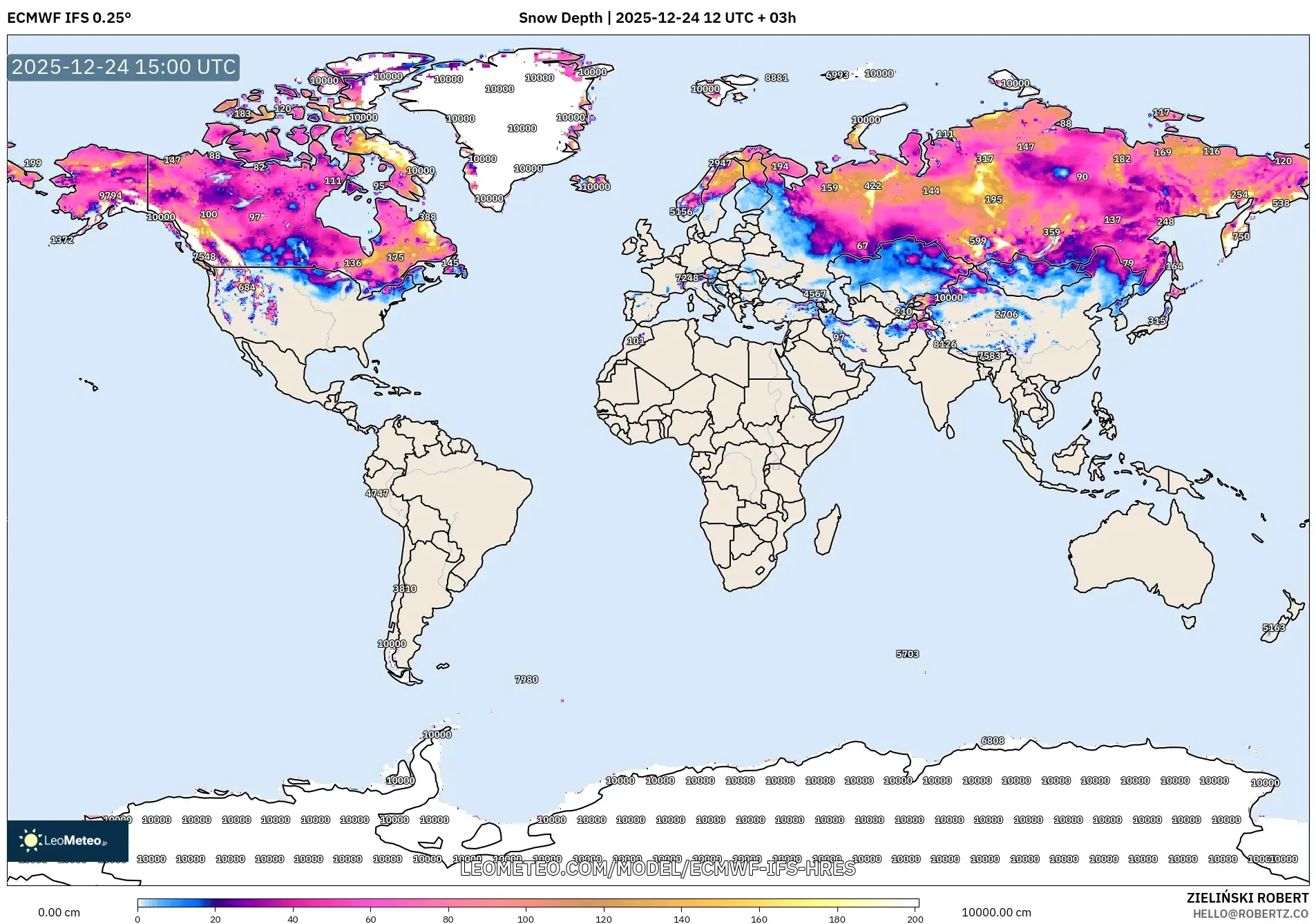 ECMWF IFS 0.25° model - World, Snow Depth