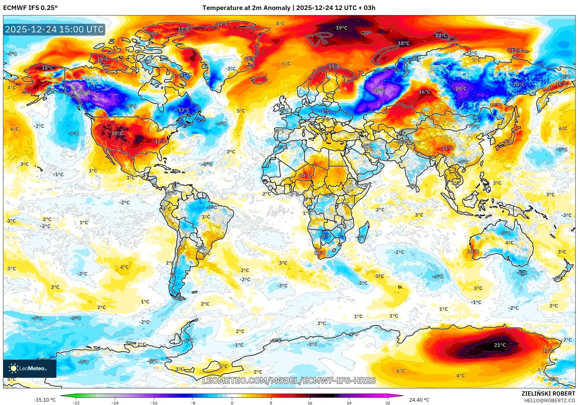 ECMWF IFS 0.25° model - World, Temperature at 2m Anomaly