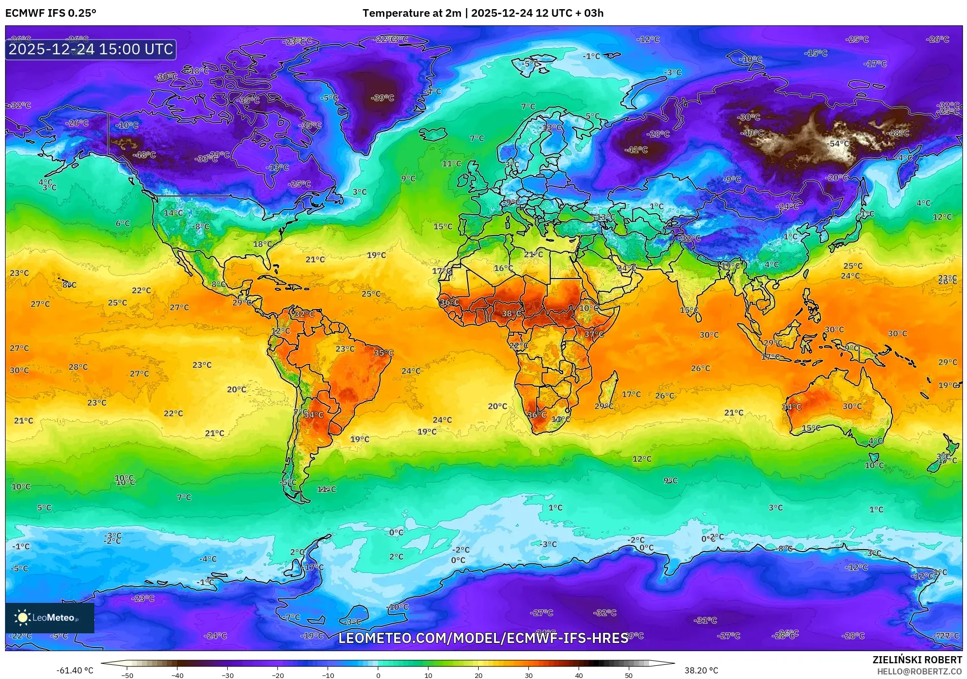ECMWF IFS 0.25° model - World, Temperature at 2m
