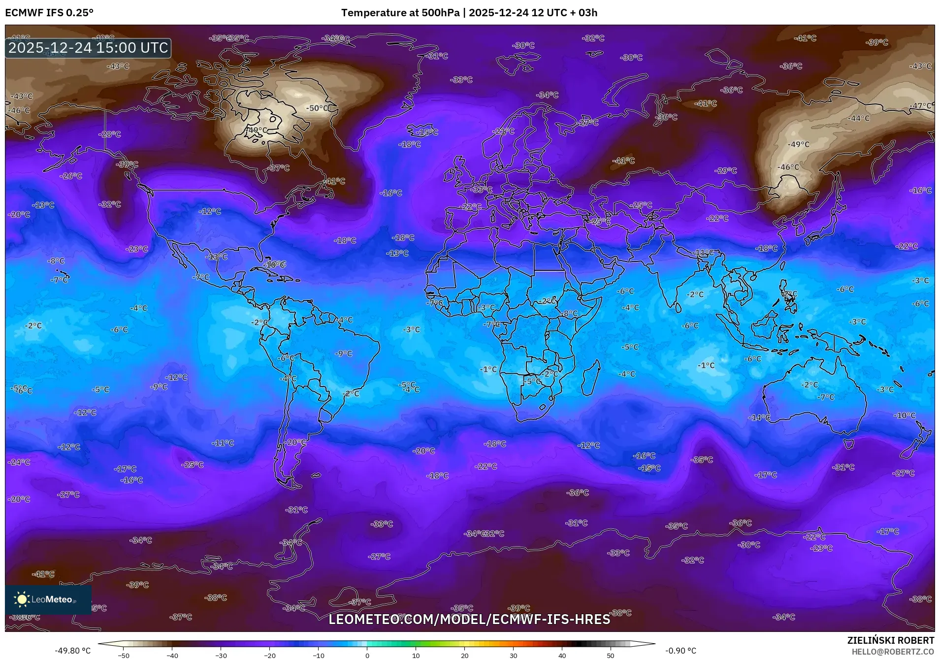 ECMWF IFS 0.25° model - World, Temperature at 500hPa