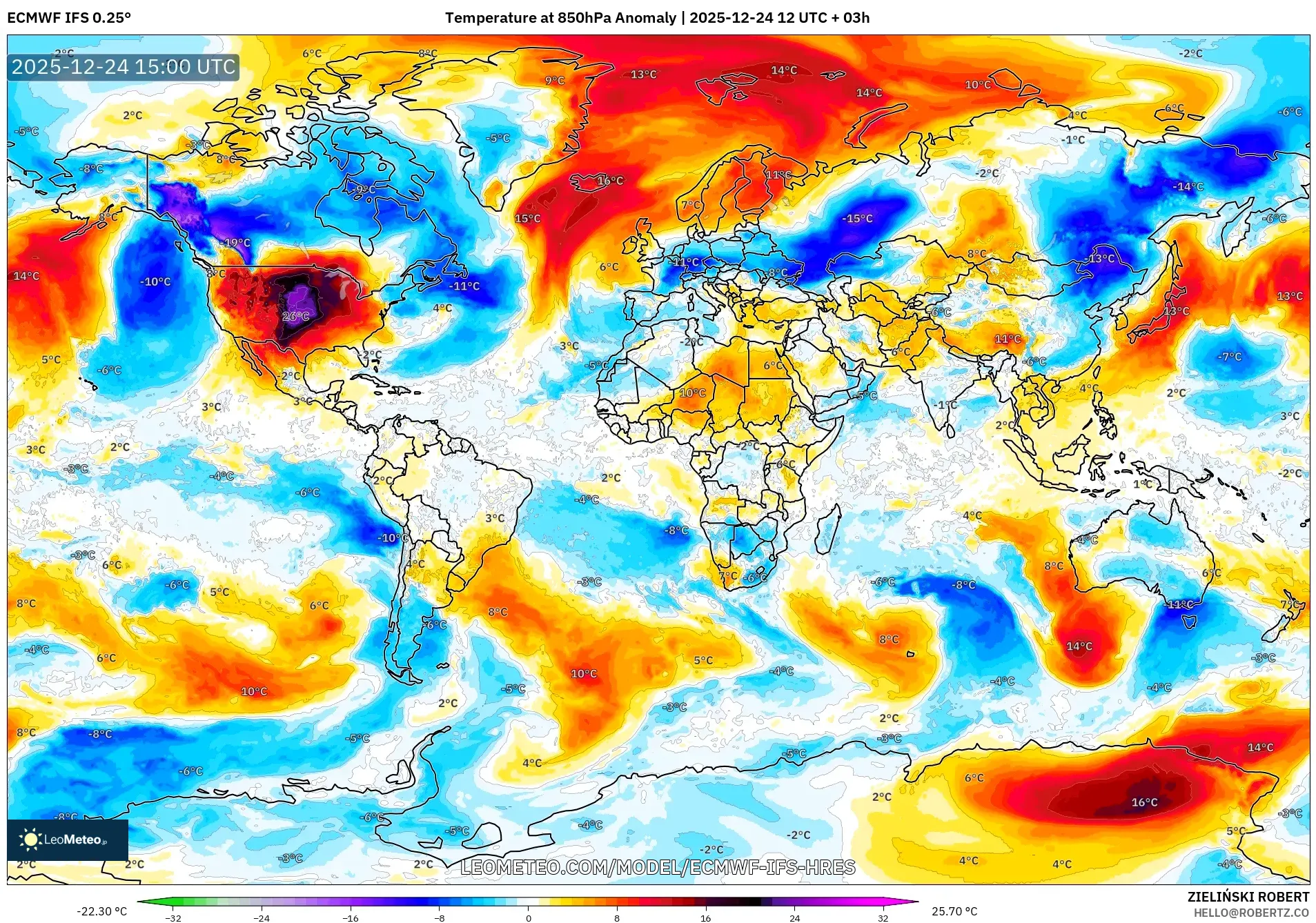 ECMWF IFS 0.25° model - World, Temperature at 850hPa Anomaly
