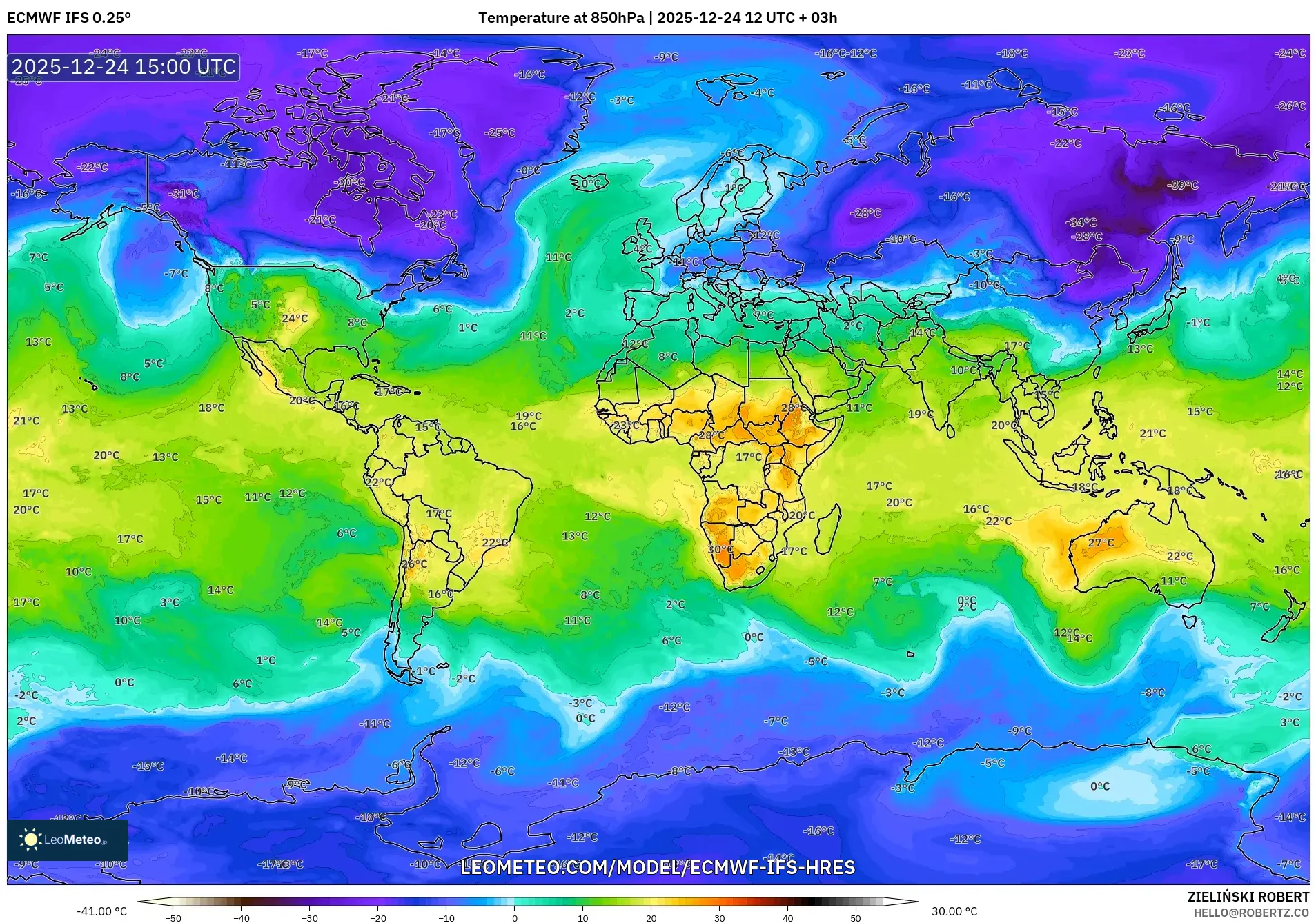 ECMWF IFS 0.25° model - World, Temperature at 850hPa