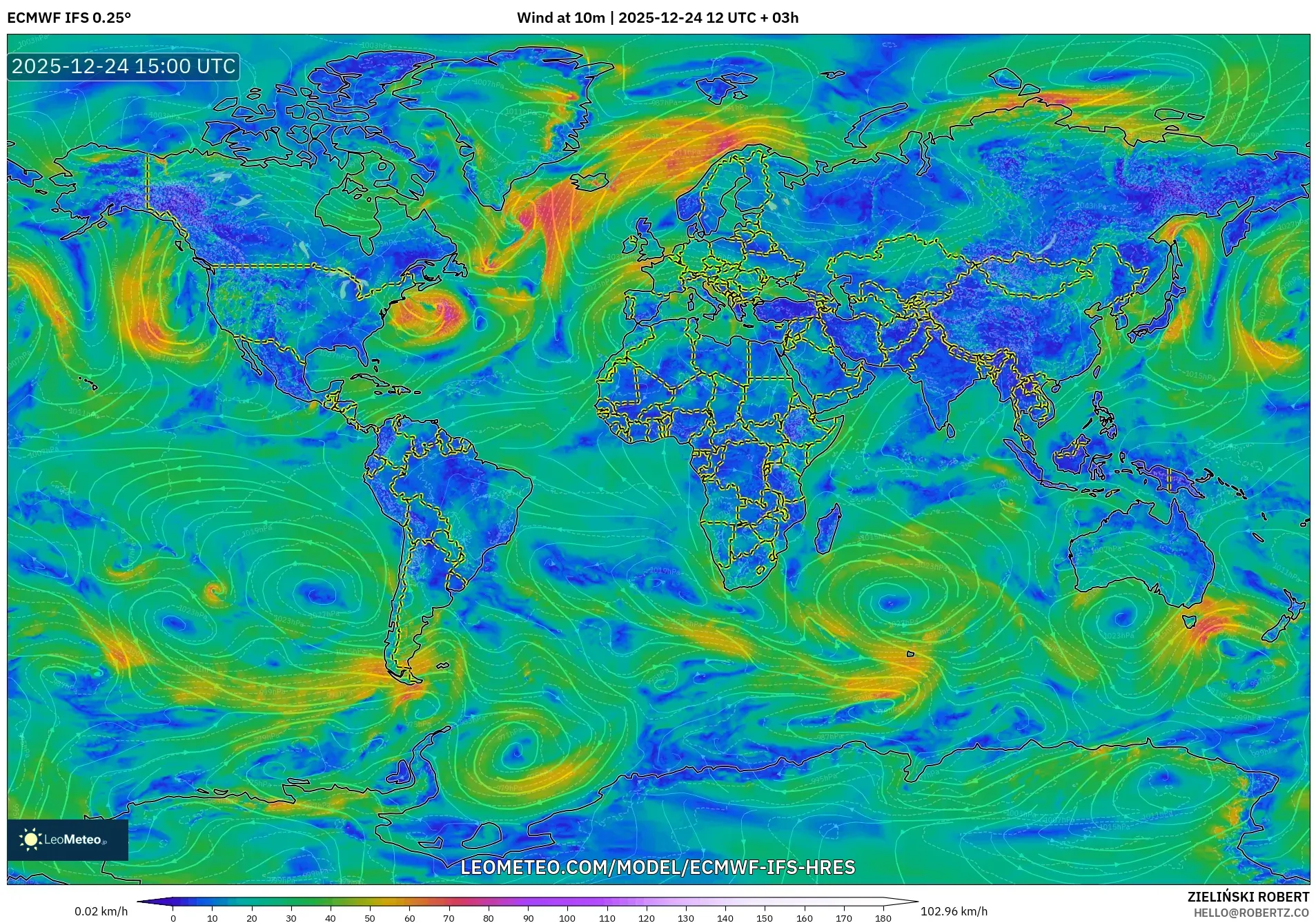 ECMWF IFS 0.25° model - World, Wind at 10m