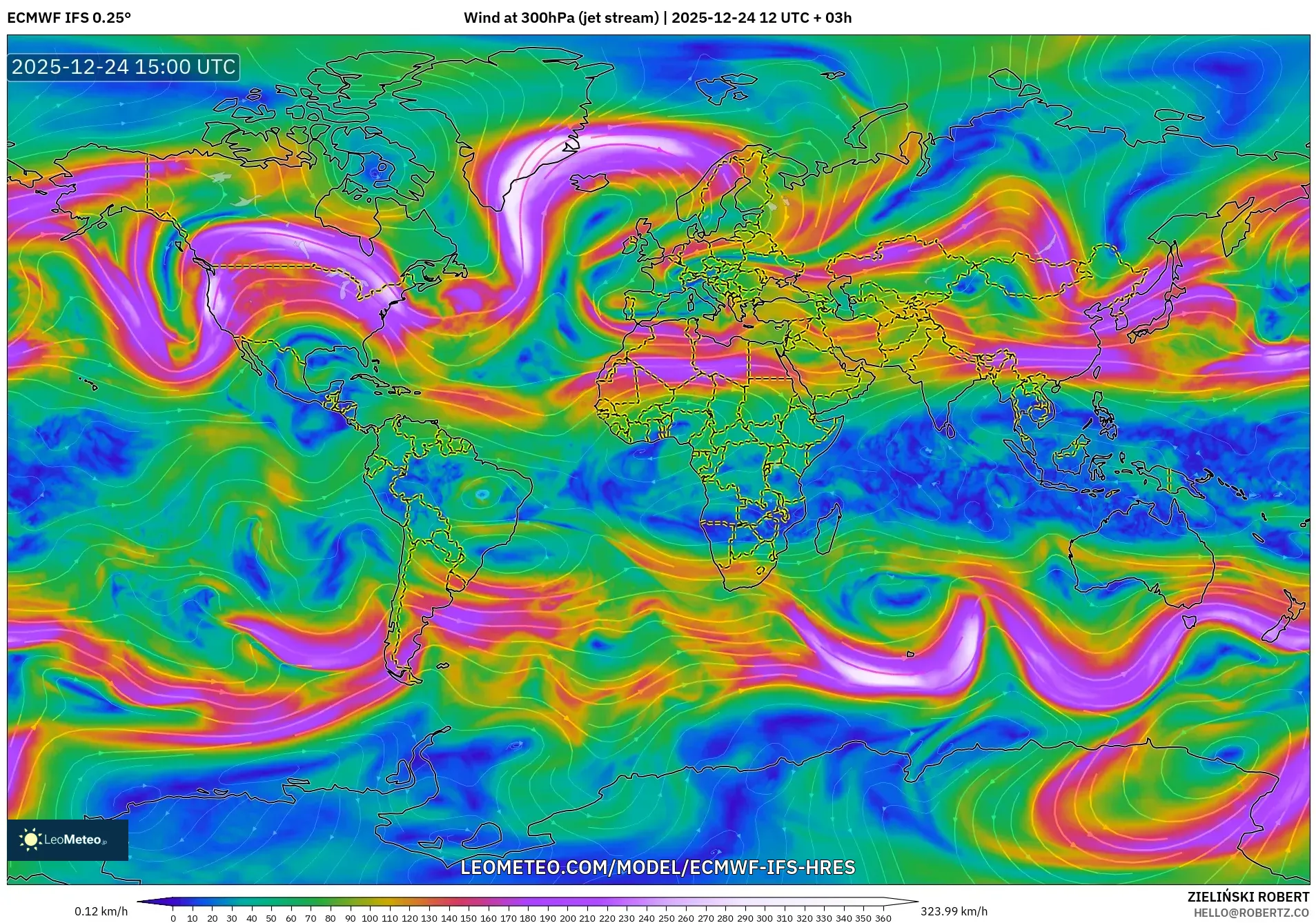 ECMWF IFS 0.25° model - World, Wind at 300hPa (jet stream)