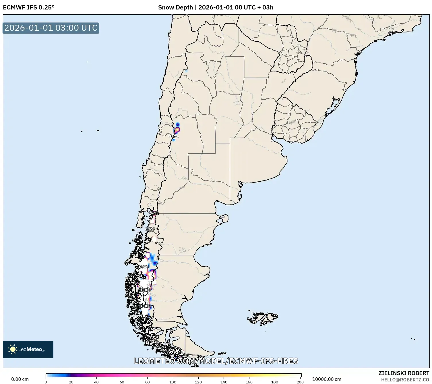 ECMWF IFS 0.25° model - Argentina, Snow Depth