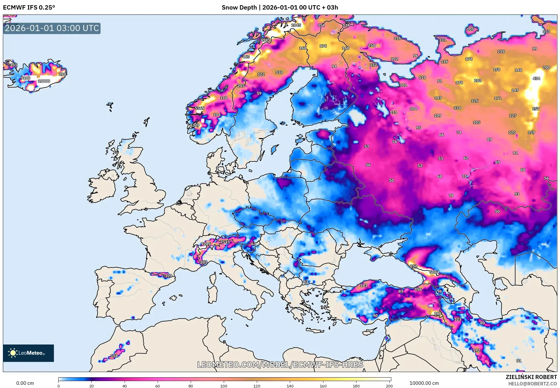 ECMWF IFS 0.25° model - Europe, Snow Depth